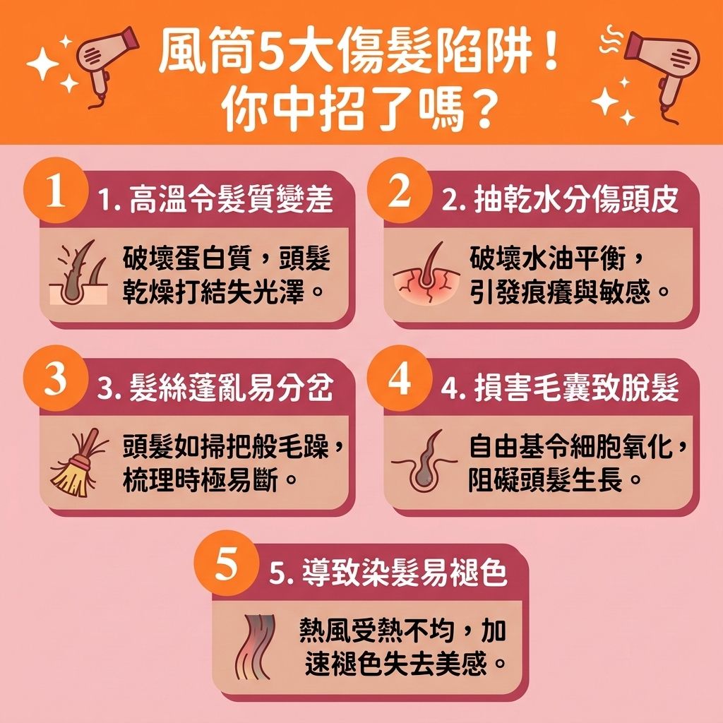 這是一張 1:1 正方形的可愛扁平化向量醫美資訊圖表,教導大眾【正確吹頭方法】與【日常頭髮護理】。圖表警告,若未能好好【控制吹頭溫度】,【風筒】內部的【摩打】與【發熱線】產生的過高【溫度】與【熱力】,會嚴重傷害【頭髮】。高溫的【風速】會破壞髮絲的【蛋白質】與【角質層】,導致【毛鱗片】受損,令【頭髮脆弱易斷】,無法【保護毛鱗片】與【防止頭髮乾枯】。這不僅會【熱風傷害髮絲】,更會【改善髮質變差】(導致髮質變差),無法維持【順滑光澤秀髮】。
為【鎖住頭髮水分】並【減少頭髮毛躁】,建議使用具備【恆溫護髮功能】或釋放【負離子】的產品(如【負離子風筒推薦】),以【減少靜電摩擦】與【靜電】。在【快速吹乾頭髮】時,切記要【避免燙傷頭皮】,因為過熱會抽乾【頭皮】與【髮根】的【水分】,刺激【皮脂腺】異常分泌,引發【頭皮保濕護理】危機與發炎,甚至損害【毛囊】造成嚴重的【脫髮】。
我們必須【舒緩頭皮敏感】,適時【吹乾頭皮防菌】並善用【冷熱風交替】(切換【冷風】與【恆溫】模式),才能徹底遠離高溫傷害!