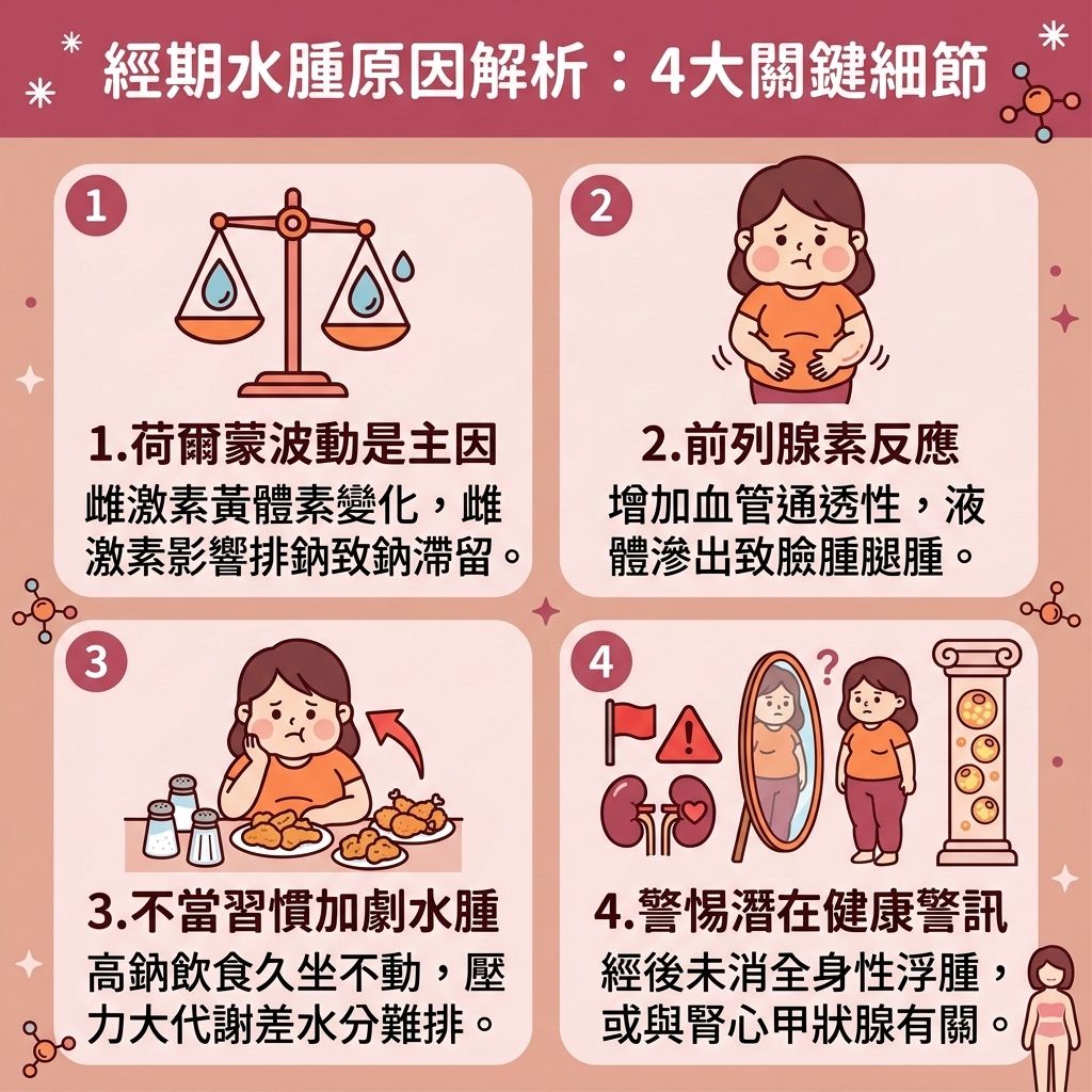 這是一張 1:1 正方形的可愛扁平化向量插畫資訊圖表，採用台灣健康部落資訊格風格。頂部有標題「經期水腫原因解析：4大關鍵細節」，背景色為隨機選取的溫暖淺色調（例如#E5B1A1淺裸色）。圖表以四格佈局，詳細解析生理期水腫的核心因素。第一個區塊解釋荷爾蒙波動是主因，雌激素與黃體素變化如何影響排鈉致鈉滯留及水分滯留。第二個區塊描述經前綜合症狀期間子宮釋放前列腺素，增加血管通透性，導致『臉腫腿腫』。第三個區塊指出不當習慣加劇水腫，高鈉飲食、久坐不動，以及睡眠不足壓力大的代谢差水分難排。第四個區塊提醒警惕潛在健康警訊，若經後未消全身性浮腫，或與腎臟、心臟或甲狀腺低下有關。圖表側邊結合醫美建議專區，推薦搭配局部減脂療程與無創減脂技術，透過專業的溶脂科技進行醫美定位修形，全方位雕塑針對卡路里控制下的皮下脂肪、內臟脂肪與脂肪細胞。此圖表建議通過高鉀排鈉飲食，控制鹽分攝取，消除下肢水腫，促進血液循環，減少水分滯留，平衡內分泌系統，排毒清腸宿便，打造易瘦體質，突破減肥停滯期，健康減重餐單，預防體重反彈，提升基礎代謝，燃燒深層脂肪，降低體脂比例，減少脂肪囤積，輔以膳食纖維、蛋白質與碳水化合物的均衡飲食，讓減脂更有效率。