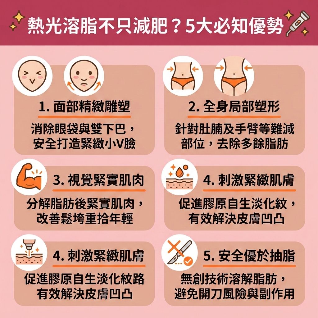 這是一張台灣健康部落格風格的 1:1 正方形教育性資訊圖表。圖中生動展示了醫學美容領域中備受推崇的熱光溶脂技術。相比傳統抽脂,這是一種安全的非手術減肥與無創溶脂技術,過程隨做隨走且恢復期短,是追求安全無痛減肥的最佳選擇。
圖表解析了其原理:透過高科技探頭釋放射頻、超聲波或激光能量,深入真皮層與皮下脂肪,精準地破壞脂肪細胞。針對雙下巴、肚腩、手臂與大腿進行醫美定位修形與局部減脂療程,能有效燃燒體內脂肪、消除頑固贅肉,從而降低體脂率並減少脂肪積聚。
同時,熱能會活化淋巴系統,促進血液循環以疏通淋巴排毒與排出體外毒素,幫助改善下半身水腫(消除水腫),並提升新陳代謝。這不僅有助於突破減肥停滯期,更能刺激膠原增生(補充膠原蛋白),達到收緊鬆弛肌膚與塑造緊緻線條的效果,讓肌肉不再鬆垮。香港完美醫療為您提供這項專屬瘦身方案,輕鬆處理深層的脂肪細胞,讓您健康變美!