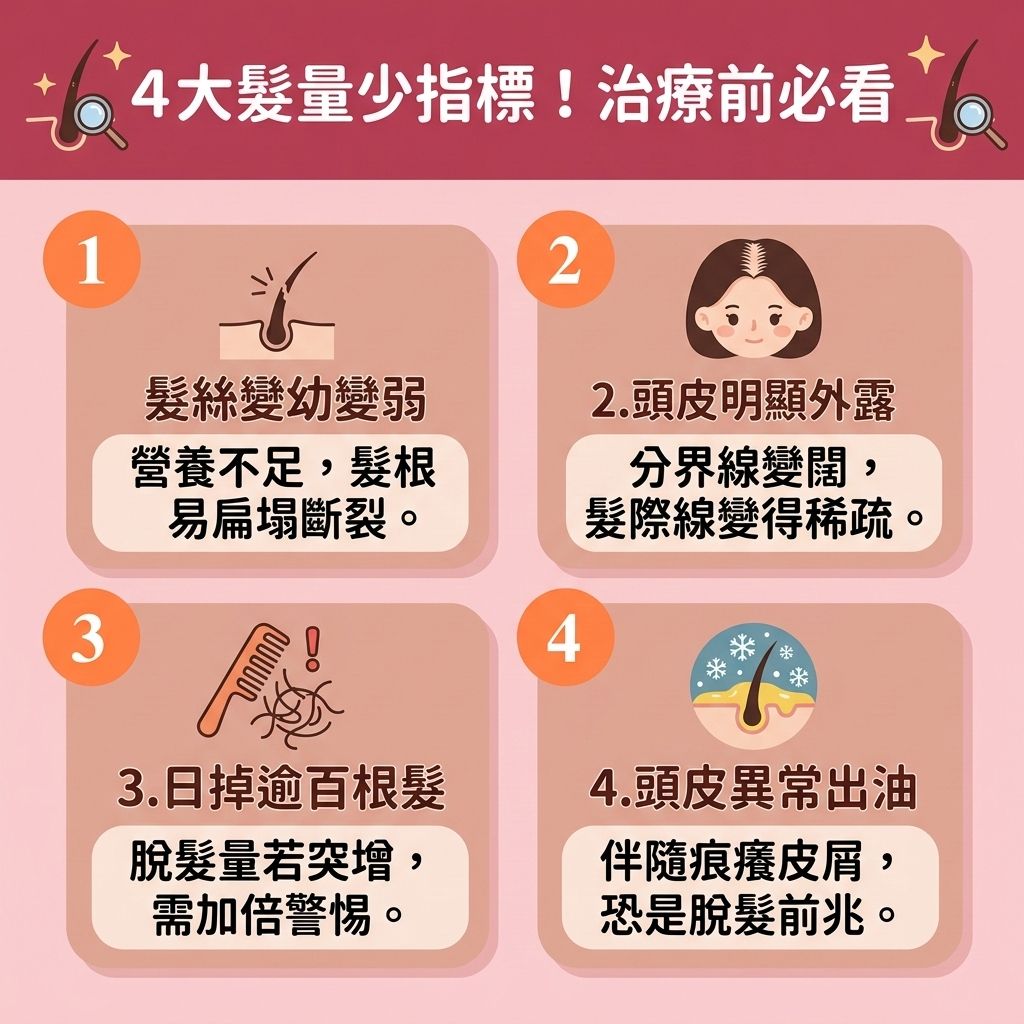 這是一張 1:1 正方形的醫美衛教資訊圖表插畫，主題為檢測【髮量少】的四大指標，教導大眾及早發現異常的【頭髮】脫落現象。圖表風格可愛且具教育性。

圖表說明，當【荷爾蒙】失調或【雌激素】下降，加上體內【雙氫睪酮】強烈攻擊【頭皮】的【毛囊】時，極易引發【雄性禿】與嚴重的【脫髮】危機。若【皮脂腺】異常分泌，會破壞【角質層】，引發【頭瘡】與【頭皮屑】。因此，我們必須盡快【抑制頭皮油脂】並【解決毛孔堵塞】，透過【溫和清潔頭皮】與【頭皮深層清潔】等【日常頭皮護理】，來【舒緩頭皮敏感】與【改善頭皮環境】。

為落實【預防脫髮方法】，必須注重頭部的【血液循環】，適時補充【蛋白質】與【氨基酸】等以【補充頭髮營養】，保護【黑色素】並【延緩毛囊老化】，藉此【強健脆弱髮根】。圖表最後建議，若發現掉髮增多，除了使用【生髮水】，也可尋求【專業生髮療程】或【植髮】手術的協助。這些專業對策能幫助【激活休眠毛囊】、【刺激毛囊再生】與【延長生長週期】，進而【減少掉髮數量】、【促進頭髮生長】、【改善頭髮稀疏】、【增加頭髮密度】並【增加頭髮厚度】，讓【髮根】重拾健康活力！