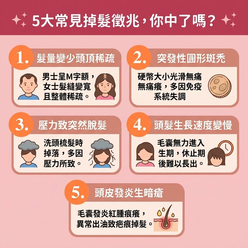 這是一張醫美衛教插畫,解析【女性掉髮成因】與常見掉髮徵兆。圖中展示,當【頭皮】受到【壓力】或【遺傳】影響,【荷爾蒙】失調(如【雌激素】下降或【雙氫睪酮】過高)會引發【雄性禿】與【斑禿】,並刺激【皮脂腺】引發毛囊炎。這會縮短【生長期】,讓頭髮提早進入【休止期】,引發【脫髮】。
為【解決異常掉髮】與【改善髮線後移】,必須【舒緩頭皮壓力】、【控制頭皮油脂分泌】以【改善頭皮環境】。中醫建議【調理肝腎氣血】改善【氣血】不足與【腎虛】,並【促進頭皮血液循環】。飲食應補充【蛋白質】與【鐵質】,幫助【補充頭皮營養】,以【修復受損髮絲】的【毛鱗片】與【角質層】。
及早尋求【專業生髮療程】或使用【生髮水】,能有效【強健脆弱髮根】、【延緩毛囊萎縮】並【激活休眠毛囊】。這些【預防脫髮方法】能【刺激毛囊再生】、【減少掉髮數量】、【改善頭髮稀疏】,最終【延長頭髮生長週期】並大幅【增加頭髮密度】,保護【毛囊】健康!