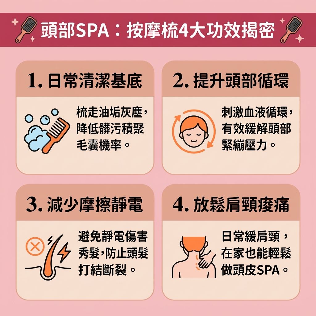這是一張 1:1 正方形的可愛醫美資訊圖表，教導大家【正確梳頭方法】與【日常頭皮護理】。圖中介紹帶有【氣墊】與特殊【梳齒】的頭皮按摩梳。當【皮脂腺】分泌過多【油脂】，會形成【角質】與【頭皮屑】，進而堵塞【頭皮】深層的【毛囊】。透過梳理能【深層清潔毛孔】與【去除老廢角質】，並有效【調節油脂分泌】以【調理頭皮健康】。

配合日常使用的【洗頭水】、【護髮素】與護髮【精華】，使用按摩梳能【幫助吸收精華】。它能有效【疏通頭皮經絡】及【按摩頭部穴位】，藉由刺激【微血管】來【促進血液循環】（維持優良的【血液循環】）。這不僅能【舒緩頭皮緊繃】、【緩解精神壓力】、【減少頭皮痕癢】，還能【改善睡眠質素】。

對於脆弱的【髮根】與【髮絲】，若流失【蛋白質】極易引發異常【脫髮】。正確梳理能【強健脆弱髮根】、【刺激毛囊生長】，從而【改善脫髮問題】。優質材質的梳子能【減少靜電摩擦】避免產生【靜電】，進而【防止頭髮打結】。最終這套護理能有效【增加頭髮蓬鬆度】，讓你重拾健康豐盈的秀髮！