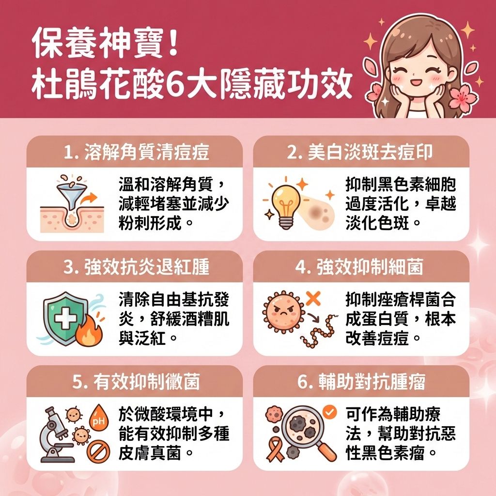 這是一張關於杜鵑花酸(又稱壬二酸)的台灣健康部落格風格醫美資訊圖表。圖表指出它能溶解角質與溫和去角質,幫助護理角質層並疏通毛孔,有效預防毛孔堵塞。對於旺盛的皮脂腺,它能控制油脂分泌,從而減少粉刺增生,輕鬆對付粉刺與黑頭。
它具備極佳的抗菌消炎能力,能抑制細菌生長(如痤瘡桿菌),不僅能減輕發炎反應與舒緩紅腫發炎,更是治療玫瑰痤瘡與對抗暗瘡的利器,有效改善玫瑰痤瘡引起的泛紅,達致改善泛紅的完美效果。
在美白方面,它能抑制酪氨酸酶活性,藉此抑制黑色素生成並抑制色素沉澱,解決黑色素與色斑問題。這有助於淡化痘印、消除痘印、提亮暗沉膚色及均勻膚色,同時促進新陳代謝並改善粗糙膚質。敏感肌在挑選含有此成分的護膚品時需留意濃度,建議諮詢皮膚科醫生。圖表最後推薦搭配專業的醫學美容療程,例如完美醫療的暗瘡分手療程,助您徹底解決肌膚煩惱,達到長效預防復發!