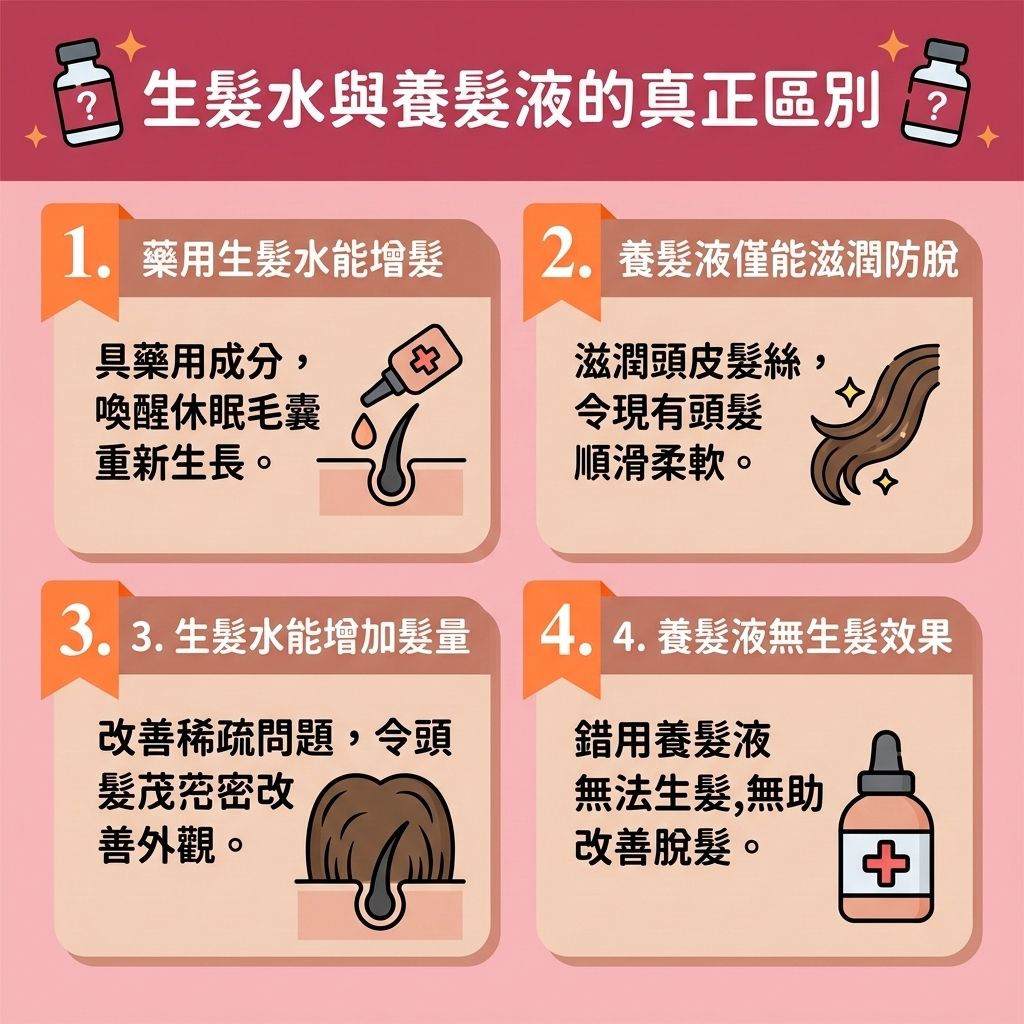 這是一張 1:1 正方形的可愛扁平化向量資訊圖表，採用台灣健康部落格風格，為您解答【生髮水有用嗎】的常見迷思。圖表清楚比較了養髮液與【生髮水】的分別。當面臨【男性脫髮危機】或亟需【解決女性脫髮】時，若只用養髮液保護【角質層】與【皮脂腺】，只能滋潤現有【毛髮】，無法真正解決問題。

正確的【預防脫髮方法】與【雄性禿治療方法】應選用含【米諾地爾】的【外用藥物】或【外用生髮產品】。它能【改善頭皮血液循環】與整體【血液循環】，【刺激毛囊再生】並【激活休眠毛囊】，讓處於【休止期】的【毛囊】重回【生長期】。這能有效【延長生長週期】，【減少掉髮數量】，【強健髮根】，【促進頭髮生長】並【改善頭髮稀疏】。

圖表也提醒【生髮水用法】需注意適當【濃度】，以免引發【生髮水副作用】與【頭皮痕癢紅腫】等【副作用】。針對有【遺傳性脫髮治療】需求，或因【荷爾蒙】轉化為【雙氫睪酮】引起的【雄性禿】與嚴重【脫髮】，除了關注【生髮水推薦】，也可考慮服用【處方藥物】如【非那斯特萊】。若【頭皮】問題持續，建議尋求【專業生髮療程】或【植髮】來徹底告別頂上煩惱！