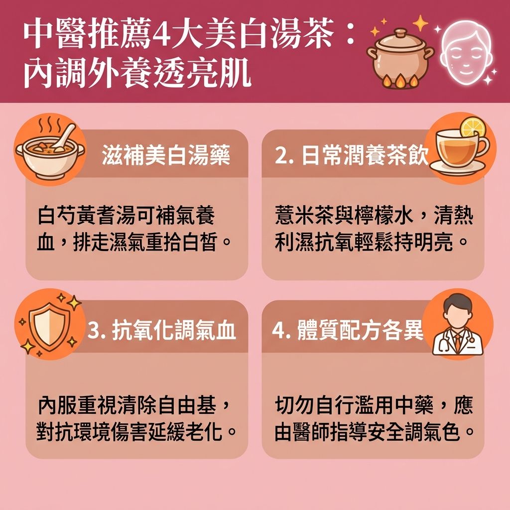 這是一張台灣健康部落格風格的 1:1 正方形扁平化資訊圖表，詳細介紹由專業【中醫】與【醫師】推薦的【中醫美容】與【內調外養】秘訣。面對【紫外線】侵襲所導致的【黑色素】積聚，進而引發【色斑】、【雀斑】與頑固的【黃褐斑】，我們除了透過調理【脾胃】與【肝臟】，以達到【健脾祛濕】、【疏肝理氣】與【滋陰養顏】來【調理體質】外，外治法也同樣關鍵。

圖表展示了如何運用天然【中藥】（例如【白茯苓】、【珍珠粉】、【薏米】與【玫瑰花】）自製【中藥美白面膜】。配合【穴位】按壓（即【穴位按摩美白】），以及透過【針灸】與刮痧刺激面部【經絡】，能有效【活血化瘀】並【促進血液循環】，進而提升【新陳代謝】（【促進新陳代謝】）。

這些療法能暢通【氣血】，精準【擊退黑色素】、【淡化色斑】，達到【預防色素沉澱】與【解決色素沉澱】的功效。長期堅持不僅能【改善暗沉】、【美白去黃】、【提亮膚色】及【改善膚色不均】，更能【改善氣色】並【延緩衰老】。建議尋求專業【診所】的評估與治療，讓美白效果更顯著安全。
