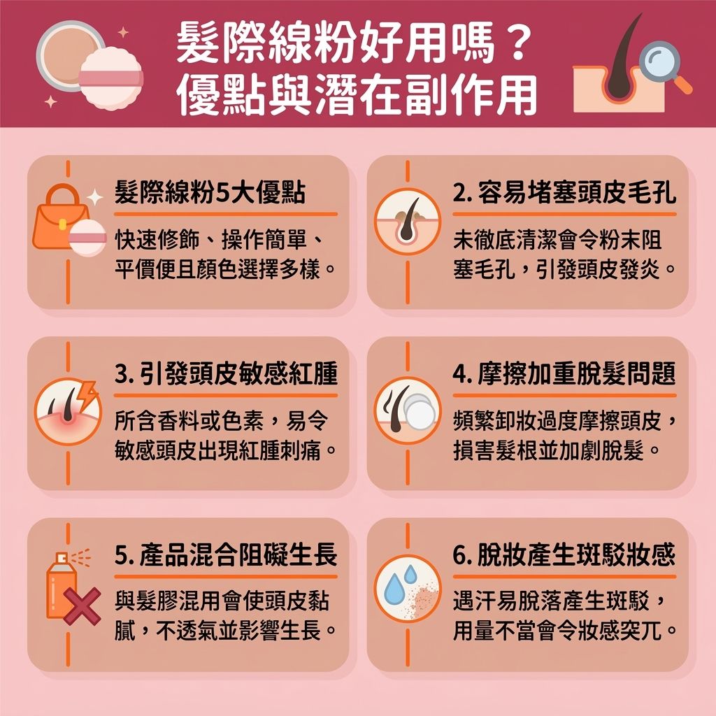 這是一張台灣健康部落格風格的 1:1 正方形扁平化資訊圖表，詳細解析了化妝品類別中髮際線粉的優點與髮際線粉副作用。許多人為了修飾高額頭、改善寬額頭與拯救稀疏髮際線，會尋找優質的髮際線粉推薦及正確的髮際線粉用法。使用粉撲沾取陰影粉來填補髮際線空隙，能有效遮蓋頭皮、增加髮量視覺並修飾臉型輪廓，是隱藏髮線後移、禿頭修飾及掩飾M字額的利器。然而，挑選時應注意自然髮色選擇以配合原有髮色，並建議選用防水防汗髮際線粉以防汗水與油脂造成髮際線陰影斑駁。

圖表特別提醒，這類產品若未徹底卸妝（注意髮際線粉卸妝），極易堵塞毛孔甚至堵塞毛囊，損害髮根與頭皮的健康，長期下來會加劇脫髮與髮線後退。為保護珍貴的毛囊與整體髮量，除了定期進行頭皮深層清潔，若出現嚴重掉髮問題應盡快諮詢皮膚科醫生，考慮使用生髮水、進行毛囊萎縮治療、植髮手術或尋求專業的生髮療程推薦，從根本解決問題。