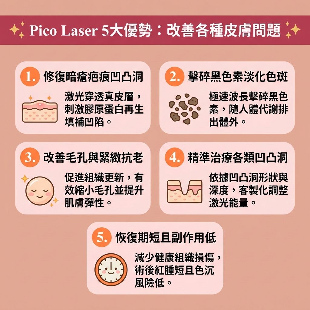 這是一張 1:1 正方形的可愛扁平化向量資訊圖表，採用台灣健康部落格風格，介紹【醫學美容】中的【凹凸洞治療方法】與頂級【激光去疤推薦】。圖表詳細解析了【皮秒激光】結合【蜂巢透鏡】的五大優勢。首先，作為極佳的【醫美去印推介】與【無創去印技術】，它能穿透【表皮層】與【角質層】直達【真皮層】，活化【纖維母細胞】，【刺激膠原增生】。這能促進【膠原蛋白】、【結締組織】與【彈性纖維】的生成，進行【深層組織修復】，從而【填補肌膚凹陷】、【撫平面部疤痕】，完美應對【暗瘡】引起的【疤痕組織】與【凹凸洞】，實現徹底的【暗瘡疤痕修復】與【修復受損肌膚】。

其次，這項【皮秒去印療程】能利用【激光】極速波長【皮秒打散黑色素】，精準【擊碎底層色素】與【黑色素】，有效【打散色素沉澱】與【暗瘡印】，並透過【新陳代謝】自然排出體外。第三，它能有效【促進細胞更新】，【解決毛孔堵塞】問題，【收細粗大毛孔】，改善粗大【毛孔】。相比傳統的【射頻】或【微針】，皮秒能更有效【改善皮膚粗糙】，大幅【提升肌膚彈性】，助您【重塑平滑美肌】！