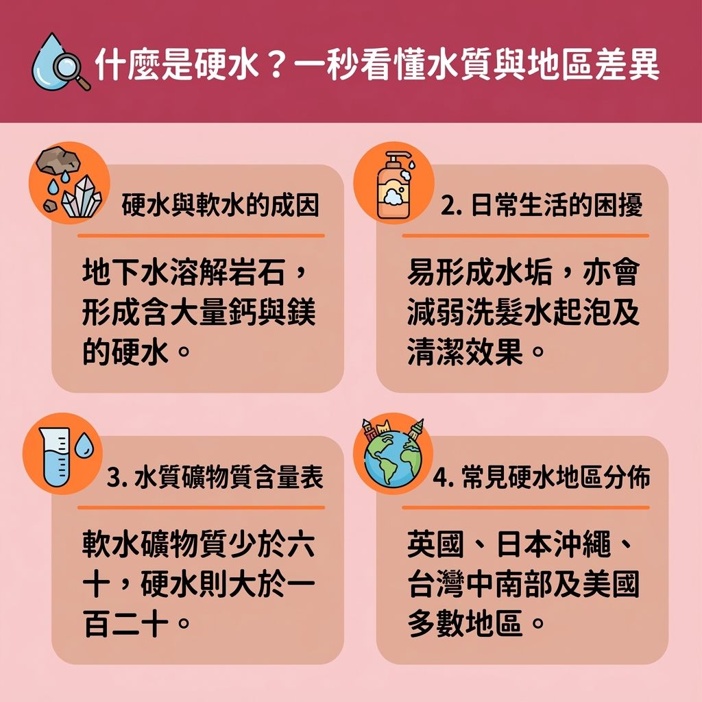 這是一張台灣健康部落格風格的 1:1 正方形資訊圖表，主要探討水質差異及可怕的硬水洗頭後果。圖表區分了硬水與軟水，指出硬水中含有大量重金屬與礦物質，特別是鈣離子與鎂離子。洗頭時，這些物質極易造成礦物質積聚，改變頭皮酸鹼度並產生游離基，不僅令洗頭水難以達到洗頭水起泡的效果，更會強行打開毛鱗片並損害頭髮的蛋白質。長期下來會導致髮絲脆弱易斷、產生頭皮屑，甚至破壞皮脂腺與毛囊，引發頭皮敏感發炎，並衍生出改善頭皮痕癢的需求。這正是導致脫髮與髮質變差的元兇。

為了達致改善硬水髮質、解決頭髮毛躁並徹底解決斷髮問題，圖表建議採取預防硬水脫髮的措施。例如在家中安裝軟水機過濾系統或淋浴濾水器等濾水器來淨化水源，以有效改善水質脫髮。洗護方面，透過弱酸性洗髮水進行深層清潔頭皮及頭皮深層護理，幫助去除頭髮礦物質。後續配合護髮素與護髮膜滋潤，能有效保護毛囊健康、維護頭皮穩定，最終達到減少掉髮數量的效果。