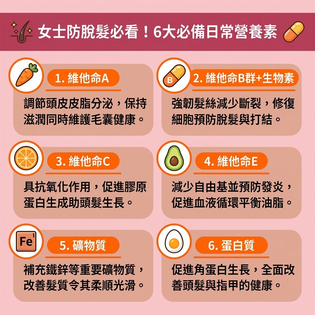 這是一張台灣健康部落格風格的 1:1 正方形資訊圖表,詳細解析了六大必備的營養素,幫助大眾了解女士脫髮原因並提供防脫髮食物指南。無論是面對壓力造成的壓力型脫髮、女性雄性禿,還是女性休止期脫髮,正確補充維他命都至關重要。對於孕婦尋求產後脫髮解決方案,或面臨更年期引起的荷爾蒙與雌激素變化而需要更年期掉髮治療的女性,我們建議透過天然飲食或改善脫髮保健品與護髮營養補充劑來攝取關鍵營養。
圖表列出了多款維他命生髮推薦,強調生物素及生物素生髮功效能有效解決斷髮問題並增加頭髮濃密度。攝取充足的蛋白質與膠原蛋白有助生成角蛋白,延緩頭髮老化。另外,補充鐵質防掉髮能預防貧血引發的脫髮,確保吸收充足鐵質,搭配鋅等礦物質能強化毛囊健康與預防頭髮稀疏。這些營養不僅是極佳的滋養髮根方法,能為頭皮、髮根與毛囊提供養分,還能改善頭皮血液循環與整體血液循環,並支持免疫系統運作。為身體提供充足營養,是促進頭髮生長最根本的方法。