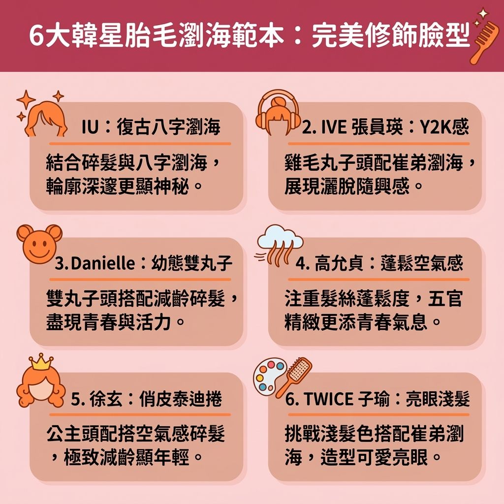 這是一張台灣健康部落格風格的 1:1 正方形扁平化資訊圖表，介紹六大女星的範本。這款韓系減齡髮型被譽為髮際線稀疏救星，能有效修飾高額頭與拯救寬額頭。透過巧妙運用額頭邊緣的碎髮與髮絲，不僅能遮蓋額角禿、遮擋邊緣缺角，更能完美隱藏髮際線後移，是掩飾脫髮初期的絕佳掩護。圖表深入探討了胎毛瀏海適合臉型，說明它如何幫助改善臉型比例、修飾面部輪廓，並塑造小臉視覺，突顯精緻的五官。

作為解決頭髮稀疏的視覺方案，這能增加髮量視覺效果與改善稀疏髮際線，同時提升髮型層次感。若想自己動手剪瀏海，可搜尋整理胎毛教學與胎毛瀏海剪法：準備好扁梳與剪刀修剪後，使用定型噴霧與少量髮尾油掌握胎毛瀏海定型技巧，以維持髮型。若本身髮量不足，可搭配髮際線粉填補髮際線與額角。當然，治本之道仍需關注頭皮與毛囊健康，從髮根著手，必要時塗抹生髮水，或尋求專業的植髮療程，徹底解決脫髮危機。
