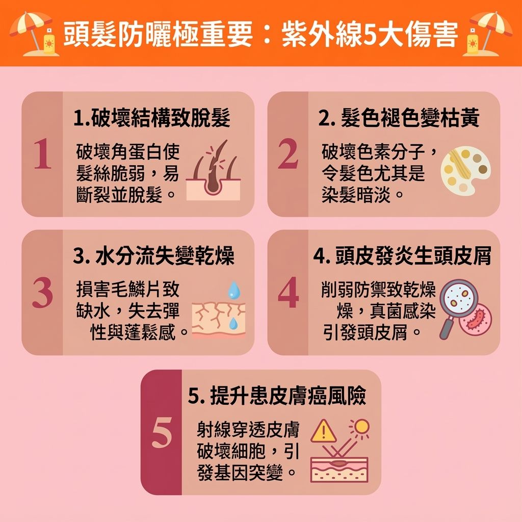 這是一張 1:1 正方形的可愛扁平化醫美資訊圖表，教導大家【夏日頭皮護理】與【物理防曬方法】（例如撐【太陽傘】或戴【遮陽帽】）。圖中指出【紫外線傷害頭髮】的嚴重性，當【紫外線】產生【自由基】攻擊【頭皮】與【髮絲】時，會嚴重破壞保護性的【毛鱗片】，導致【水分】、【蛋白質】、【氨基酸】與【角蛋白】大量流失。

這不僅會刺激【皮脂腺】，使【毛囊】受損引發【脫髮】與【預防光老化脫髮】的危機，還會破壞【黑色素】。我們必須【隔離紫外線傷害】，才能有效【改善頭髮枯黃】、【延緩頭髮老化】及【保持頭髮光澤】。為【預防頭皮曬傷】並【避免頭皮脫皮】，出門可噴灑專用【防曬噴霧】。

曬後務必進行【曬後頭髮修復】，洗髮後使用【護髮素】、【髮膜】或在【髮尾】塗抹【護髮油】。這些步驟能做好【鎖水保濕護理】與【深層滋潤修護】，有效【舒緩頭皮紅腫】、【減少水分流失】及【補充頭髮營養】。最終達到【修復受損毛鱗片】、【解決髮絲乾枯】、【撫平頭髮毛躁】與【防止頭髮斷裂】的完美修護效果！
