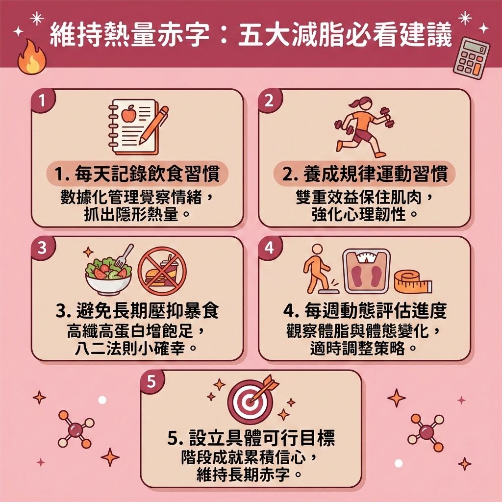 這是一張 1:1 正方形的扁平化向量資訊圖表插畫，嚴格採用台灣健康部落格懶人包風格。圖表以可愛、具教育性與醫美感的方式解析「維持熱量赤字：五大減脂必看建議」，底部無任何留白，背景色連續無縫鋪滿。

內容教導如何計算基礎代謝與了解整體的總熱量消耗。透過記錄每日飲食與改善飲食習慣，精準控制熱量攝取，避免攝入過多卡路里。建立一份優質的健康減重餐單，結合減脂增肌飲食，攝取足夠蛋白質與膳食纖維，控制碳水化合物與各類營養素，能穩定血糖與胰島素，進一步延長飽足時間，完美預防體重反彈。

配合有效消脂運動（如適當的有氧運動與無氧運動），能消耗多餘熱量、提升肌肉量與新陳代謝，從而提升基礎代謝與整體的基礎代謝率。這有助於燃燒深層脂肪、促進脂肪分解，並減少脂肪囤積，針對皮下脂肪、內臟脂肪與頑固的脂肪細胞進行打擊，有效降低體脂比例與體脂率，控制體重，幫助您突破減肥停滯期，輕鬆打造易瘦體質。

針對極難消除的局部肥肉，側邊專欄建議可搭配醫學美容的無創減脂技術與局部減脂療程，運用先進溶脂科技進行精準的醫美定位修形，全方位雕塑出完美體態！