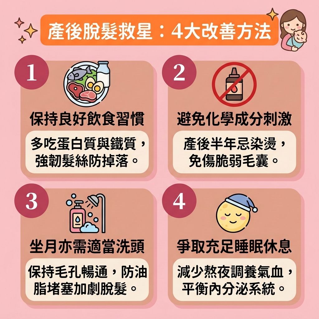 這是一張 1:1 正方形的可愛扁平化向量資訊圖表，採用台灣健康部落格風格，詳細解析【產後脫髮成因】與【預防產後脫髮】的方法。圖表指出，因生產後【荷爾蒙變化】，體內【雌激素】與【孕酮】急降，導致原本在【生長期】的【頭髮】提早進入【休止期】，引發【產後掉髮週期】失衡與嚴重的【產後脫髮】。

要【改善休止期脫髮】與【改善頭髮稀疏】，媽咪需要好好【調理產後身體】，【補充頭髮營養】如【蛋白質】與【鐵質】等【營養】，幫助【強健脆弱髮根】。同時，務必【舒緩產後壓力】，【改善睡眠質素】，確保有充足【睡眠】以降低身心【壓力】。

在【選擇防脫髮產品】時，應挑選合適的【防脫髮洗頭水】（【洗頭水】），並配合正確洗髮來【促進頭皮血液循環】，保護【頭皮】與【毛囊】。若想進一步【改善髮際線後移】，可考慮使用【生髮水】或【育髮精華】來【刺激毛囊再生】、【延長頭髮生長期】，從而【減少掉髮數量】。情況嚴重時，建議諮詢【醫生】，探討專業的【產後生髮療程】、【激光生髮】或【植髮】等選項，早日【恢復頭髮濃密】！
