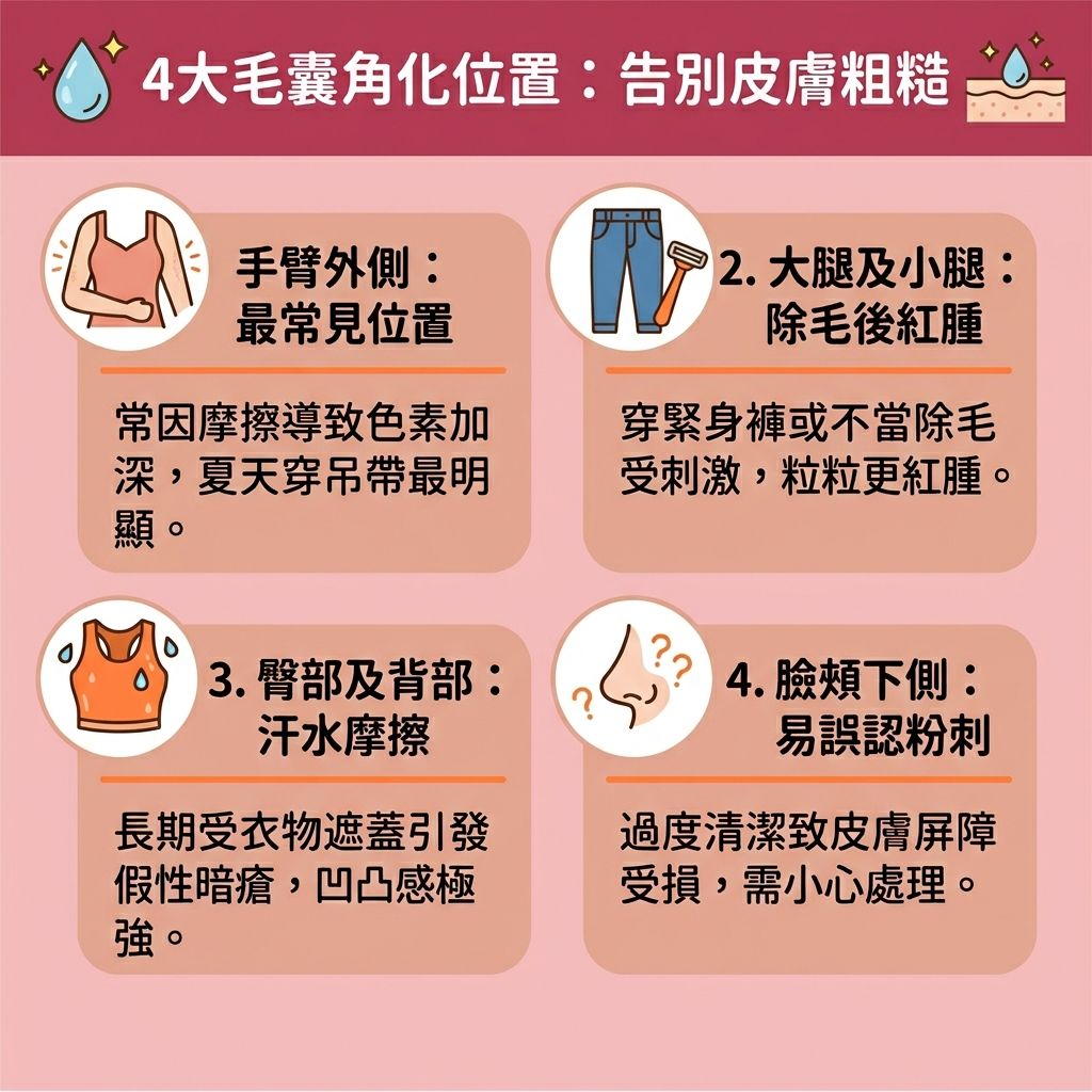 這是一張台灣健康部落格風格的正方形資訊圖表，詳細圖解常見的遺傳性皮膚問題——毛囊角化（俗稱雞皮疙瘩）。圖中標示了容易發作的部位，包含手臂、大腿與臉頰，這些地方的皮膚常因角蛋白異常堆積與遺傳因素，造成角質過厚與皮脂分泌不暢。這不僅會導致毛孔粗大，引發炎症與皮膚乾燥痕癢，更會留下難看的色素。

圖表建議日常的身體護理保養要注重溫和去角質方法，可以利用含有果酸、水楊酸或尿素的產品。發揮果酸換膚功效能有效溶解毛孔污垢、軟化老化角質並促進角質代謝，從而疏通毛孔堵塞並抑制角質增生。後續務必塗抹保濕霜與身體保濕乳液來改善皮膚粗糙與修復受損屏障，緩解因乾燥引起的狀況並減輕皮膚泛紅。

面對嚴重的狀況，可尋求專業醫生的毛囊角化症治療與毛囊發炎處理。搭配專業的激光儀器進行激光去印效果治療，或透過激光脫毛療程清除多餘毛髮，能有效減少色素沉澱、保護毛囊，最終達到改善雞皮疙瘩的完美效果。