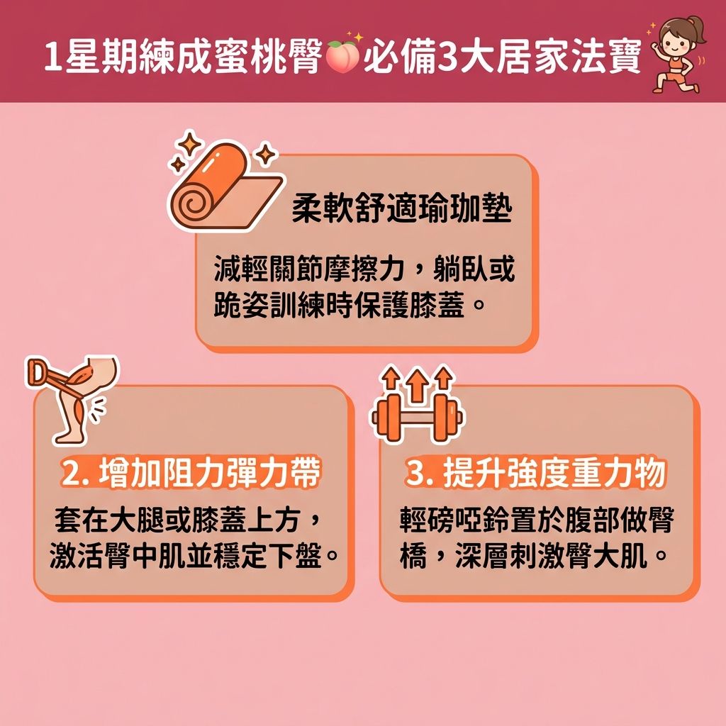 這是一張1:1正方形的台灣健康部落格風格資訊圖表，教你如何在家【練成蜜桃臀】及【收緊臀部線條】。圖中展示了利用瑜珈墊保護【關節】、配合【彈力帶】與【啞鈴】來進行【深蹲】與【臀橋】。這些動作能有效激活【臀大肌】、【臀中肌】與【臀小肌】，並【強化核心肌群】及【腹直肌】。

無論是想【產後修身】的【產婦】（因【雌激素】改變易生【假肚腩】），或想【改善假跨寬】及【預防骨盆前傾】的女性，鍛鍊【核心肌肉】與【大腿】都能【提升下肢力量】、【舒緩腰背痛楚】、【促進血液循環】及【改善下半身水腫】。增加【肌肉】量並攝取足夠【蛋白質】，更能【提升基礎代謝】並燃燒【卡路里】與【脂肪】。

除了居家運動，圖表也建議尋求【增肌減脂療程】或【無創修身療程】（如利用【電磁波】技術【刺激肌肉收縮】）。這能更快速【消除頑固脂肪】、【修復腹直肌】、【改善產後肚皮鬆弛】、【緊緻大腿內側】、【提升臀部輪廓】及【塑造葫蘆身型】，讓【骨盆】位置更健康。