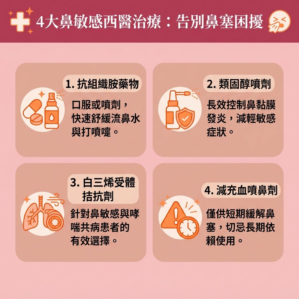 這是一張台灣健康部落格風格的 1:1 正方形扁平化資訊圖表，上半部詳細介紹鼻敏感的西醫治療方法。而圖表的下半部及側邊欄，則結合了該醫美診所最熱門的【激光脫毛】衛教資訊。許多深受內分泌或【荷爾蒙】影響（如【雄性激素】過盛或患有【多囊卵巢症】）而探討【美人生鬚原因】與【女生長鬍子】困擾的讀者，常會搜尋【脫面毛邊間好】與【脫毛療程比較】。

為了解決【面毛】、【唇毛】及【面部雜毛】，相比於頻繁使用【剃刀】（需搭配【剃鬚膏推薦】）或【脫毛膏】，容易造成【敏感肌】受損、破壞【角質層】或引發發炎（需了解【毛髮倒生處理】與如何【避免毛囊炎】），尋求專業【脫毛公司】的合資格【治療師】進行【無痛激光脫毛】是更好的選擇。

專業的【脫毛儀器】（採用如【755nm】或【808nm】波長）能精準鎖定【毛囊】底部的【黑色素】，針對【粗硬毛髮】或頑固【鬚根】產生光熱【激光反應】。配合先進的【冷凍劑】降溫，不僅能大大降低【激光脫毛副作用】，還能帶來極佳的【永久脫毛效果】，同時達到【改善色素沉澱】與【收細毛孔】的雙重功效。

無論是想【去除小鬍子】、修飾【比基尼線】，還是進行【全身脫毛】，在了解【激光脫毛價錢】與各項【學生脫毛優惠】後，遵循正確的【脫毛後護理】，便能安全有效地告別毛髮困擾，重拾白滑肌膚。