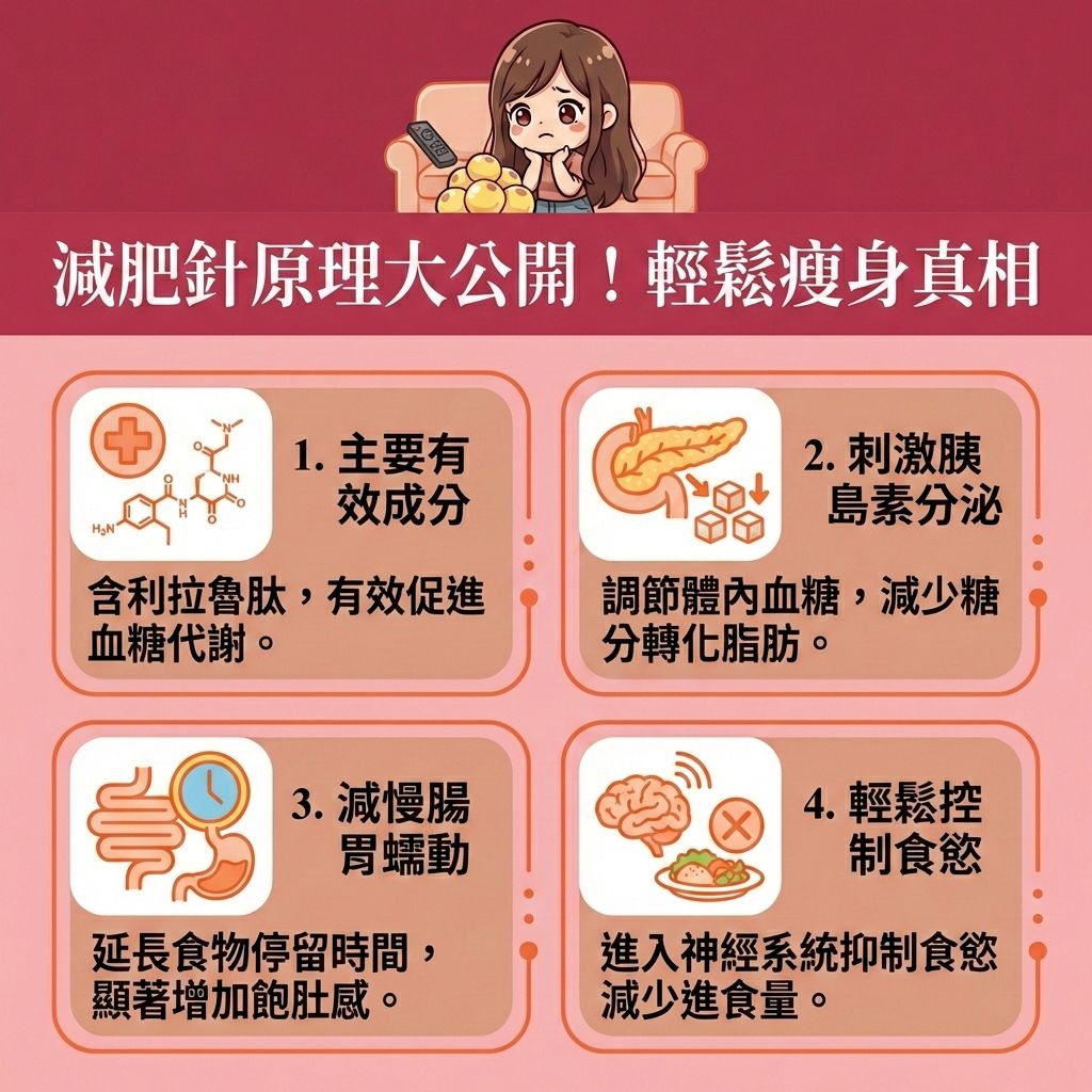 這是一張台灣健康部落格風格的「正方形 1:1」醫美資訊圖表，詳細解說減肥針與減肥筆的運作原理。圖中的長髮女生處於男生的場景中，表情保持一致。當你難以控制食慾時，這種處方藥物能透過類似腸泌素的作用，刺激胰島素分泌（增加胰島素），幫助降低血糖水平並穩定血糖。它會影響神經系統與荷爾蒙來抑制食慾，並減慢胃部排空，讓食物在腸胃中停留更久，從而延長飽足感（增加飽足感），有效減少熱量攝取（精算卡路里）。

這有助於減少脂肪積聚，打擊全身的脂肪細胞，包含深層的內臟脂肪與表層的皮下脂肪。雖然這是一種無創減肥方法，但可能會引起腸胃不適等副作用，因此注射前必須經過註冊醫生的專業醫生評估。日常生活中仍需配合健康飲食並進行帶氧運動，維持基礎代謝率與提升新陳代謝，從根本上改善易胖體質並燃燒體內脂肪。對於想消除頑固脂肪、降低體重指數與體脂率（或想突破減肥停滯期）的人，亦可考慮醫學美容的局部減脂療程。香港完美醫療提供專業的醫美定位修形與專屬瘦身方案，助您安全重塑完美體態！