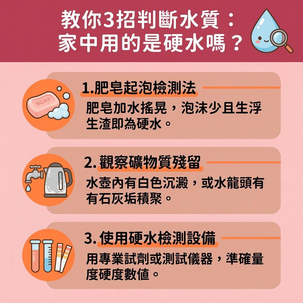 這是一張台灣健康部落格風格的 1:1 正方形資訊圖表，教大家判斷家中的水質是硬水還是軟水。圖表指出，若洗頭水起泡少，代表有鈣離子與鎂離子等礦物質積聚。了解這點非常重要，因為硬水洗頭後果嚴重，水中的重金屬與過多礦物質會破壞頭髮的蛋白質與毛鱗片，產生游離基，導致髮絲脆弱易斷。若不處理，失衡的酸鹼度會刺激皮脂腺，引發頭皮屑與頭皮敏感發炎，讓您急需改善頭皮痕癢，最終傷害頭皮與毛囊，影響髮質並加劇脫髮危機。

為達致保護毛囊健康與減少掉髮數量，圖表建議採取去除頭髮礦物質的防護措施，例如安裝軟水機過濾設備或淋浴濾水器（如專業濾水器）。在日常洗護方面，挑選適合的洗頭水（特別是弱酸性洗髮水）來深層清潔頭皮並進行頭皮深層護理，是改善水質脫髮與預防硬水脫髮的關鍵。洗髮後搭配優質的護髮素及護髮膜滋潤，能有效改善硬水髮質、解決頭髮毛躁並徹底解決斷髮問題。