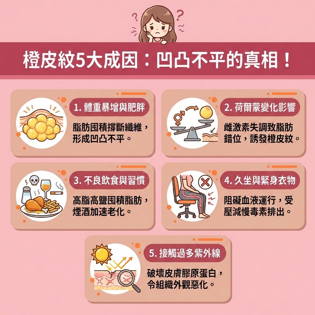 這是一張台灣健康部落格風格的正方形資訊圖表，詳細解說橙皮紋的成因。圖中女孩正為大腿、臀部與腹部的紋路感到煩惱。當體重暴增，脂肪細胞過度膨脹會撐斷結締組織，使肌膚失去膠原蛋白的支撐。此外，荷爾蒙變化（如雌激素失調）、缺乏肌肉、久坐導致水腫，都會阻礙血液循環與淋巴系統，降低整體新陳代謝。

為了消除橙皮紋與改善皮膚鬆弛，必須控制日常飲食以預防脂肪囤積與減少脂肪積聚。平時應多進行帶氧運動（如跑步等帶氧運動），這能提升基礎代謝、促進血液循環並疏通淋巴排毒，有助於改善下半身水腫與燃燒頑固脂肪。

若想快速撫平凹凸不平，推薦尋求專業醫學美容的協助。透過射頻等醫美緊膚療程能刺激膠原增生並增加皮膚彈性；或選擇無痛溶脂技術、局部減脂療程（如溶脂針、抽脂手術）來精準打破脂肪細胞，不僅能緊緻身體線條，更能成功重塑平滑肌膚。圖表下方特別推薦香港完美醫療，助您輕鬆回復自信平滑肌！