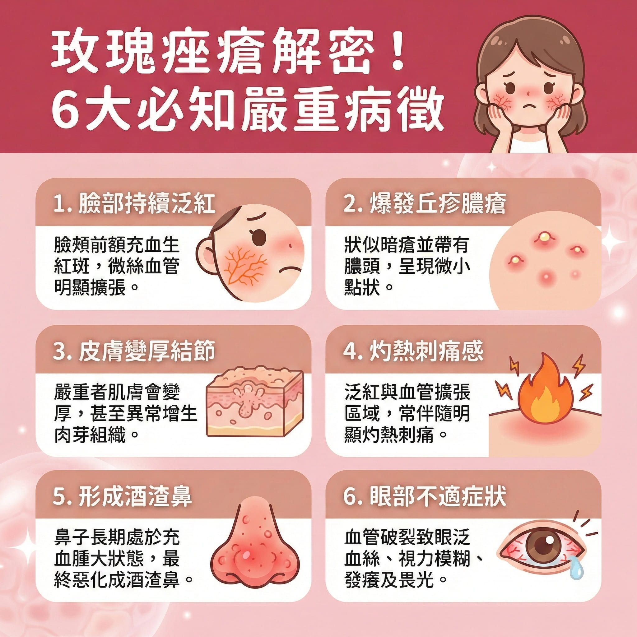 這是一張正方形扁平化的台灣健康部落格風格醫學美容資訊圖表，詳細描述玫瑰痤瘡的六大病徵。圖中指出，敏感肌若受紫外線、蟎蟲或不當使用類固醇影響，容易引發泛紅與紅斑。當微血管發生血管擴張，便會伴隨灼熱感。同時，皮脂腺異常會長出丘疹與膿皰，嚴重者甚至眼部也受牽連。

圖表建議日常應溫和潔面、注重保濕並避免刺激，以控制油脂分泌、鎮靜肌膚及舒緩紅腫。為修復皮膚屏障與增厚角質層，必須積極提升皮膚抵抗力。

針對嚴重症狀，建議及早諮詢皮膚科醫生，透過專業無創療程如激光治療（包括脈衝光與染料激光）來進行激光退紅。這些療程能收縮血管、改善微循環與促進血液循環，達到退紅消炎及改善泛紅的效果；同時能刺激膠原增生、補充膠原蛋白，有效改善粗糙與均勻膚色。最後，圖表強烈推薦體驗完美醫療的專業暗瘡分手療程，從根源減低復發機會，還原健康亮麗肌膚。