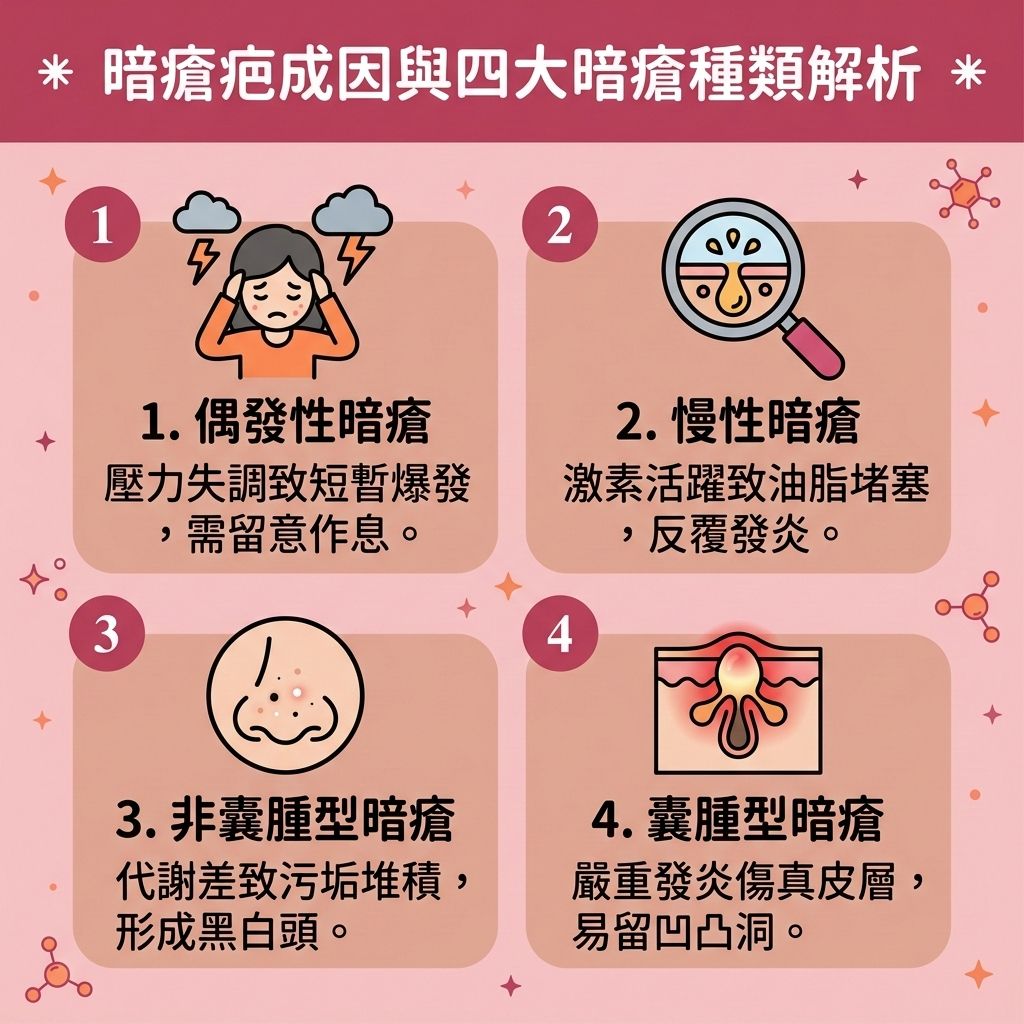 這是一張 1:1 正方形的扁平化向量資訊圖表插畫,採用台灣健康部落格風格,具備教育性與醫美專業感。圖表頂部帶有標題,詳細解析四大【暗瘡】種類及成因。當【皮脂腺】分泌旺盛,【角質層】過厚且堵塞時,會引發嚴重的【發炎反應】。若發炎傷及深層的【真皮層】,癒合後便會形成【疤痕組織】,最終導致難以消退的【暗瘡印】與【凹凸洞】。
圖表同時提供了有效的【去暗瘡印方法】與【醫美去印推介】。要做到徹底的【暗瘡疤痕修復】與【修復受損肌膚】,單靠期待【暗瘡印自然消退】,或僅塗抹含【維他命C】、【透明質酸】的【暗瘡膏】等【去印護膚品推介】往往不足夠。日常保養可透過【果酸】、【水楊酸】與【杏仁酸】來【消炎殺菌】、【去除老廢角質】,並【深層清潔毛孔】,幫助【加速新陳代謝】與【預防暗瘡粉刺】。
針對頑固疤痕,建議結合【醫學美容】技術。透過【激光】與專屬的【激光去印療程】,能有效打散【黑色素】,達到【淡化黑色素】與【改善色素沉澱】的效果。此外,利用【微針】與【射頻】療程,能有效【刺激細胞更新】,【促進膠原蛋白增生】並補充底層【膠原蛋白】。這是極佳的【凹凸洞治療】方案,能顯著【撫平面部疤痕】、【改善皮膚粗糙】並【收細毛孔】,讓肌膚重拾平滑健康!