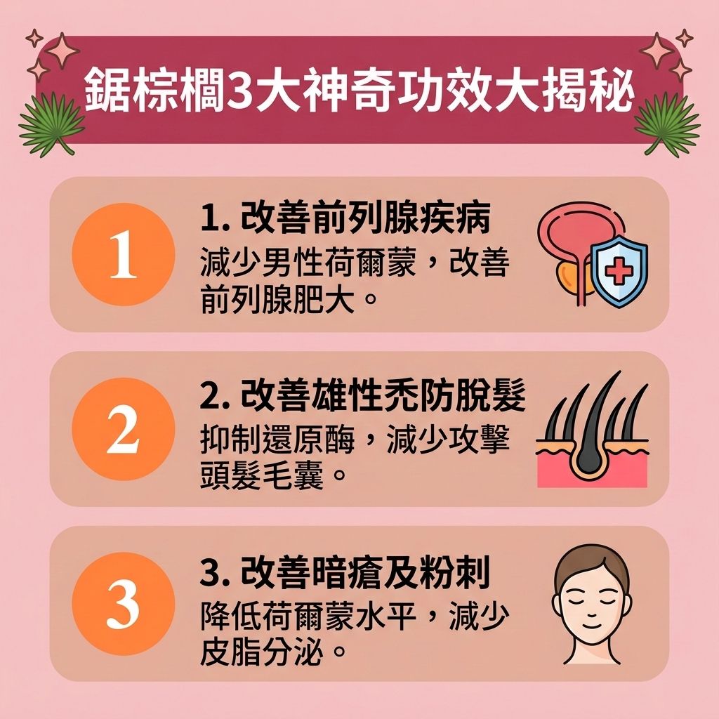 這是一張 1:1 正方形的扁平化向量資訊圖表插畫，採用台灣健康部落格風格，詳細介紹作為【天然生髮補充品】的【鋸棕櫚功效】。面對【男性脫髮危機】或【女性脫髮原因】，當體內的【睪酮】等【荷爾蒙】結合【還原酶】轉化為【雙氫睪酮】時，會無情攻擊【頭皮】的【毛囊】，導致【皮脂腺】的【頭皮油脂分泌】過剩，引發嚴重的【雄性禿】與【脫髮】。

圖表解析了富含【植物固醇】的【植物萃取】成分【鋸棕櫚】，如何成為極佳的【雄性禿治療方法】。它能有效【阻斷還原酶】並【抑制男性荷爾蒙】，不僅能改善【前列腺】問題，作為【鋸棕櫚防脫髮】方案，更能【刺激毛囊再生】、【強健脆弱髮根】、【延長生長週期】，並【減少掉髮數量】。這有助於【預防髮線後移】與【解決前額脫髮】，成功【改善頭髮稀疏】並拯救後退的【髮線】。

相較於擔憂【副作用】與【鋸棕櫚副作用】，或依賴含【米諾地爾】的【生髮水】及服用【非那斯特萊】，鋸棕櫚能更溫和地【改善頭皮環境】與【血液循環】，【促進頭髮生長】。若毛囊已嚴重萎縮，圖表亦建議可尋求【專業生髮療程】或先進的【植髮】技術來重拾自信。