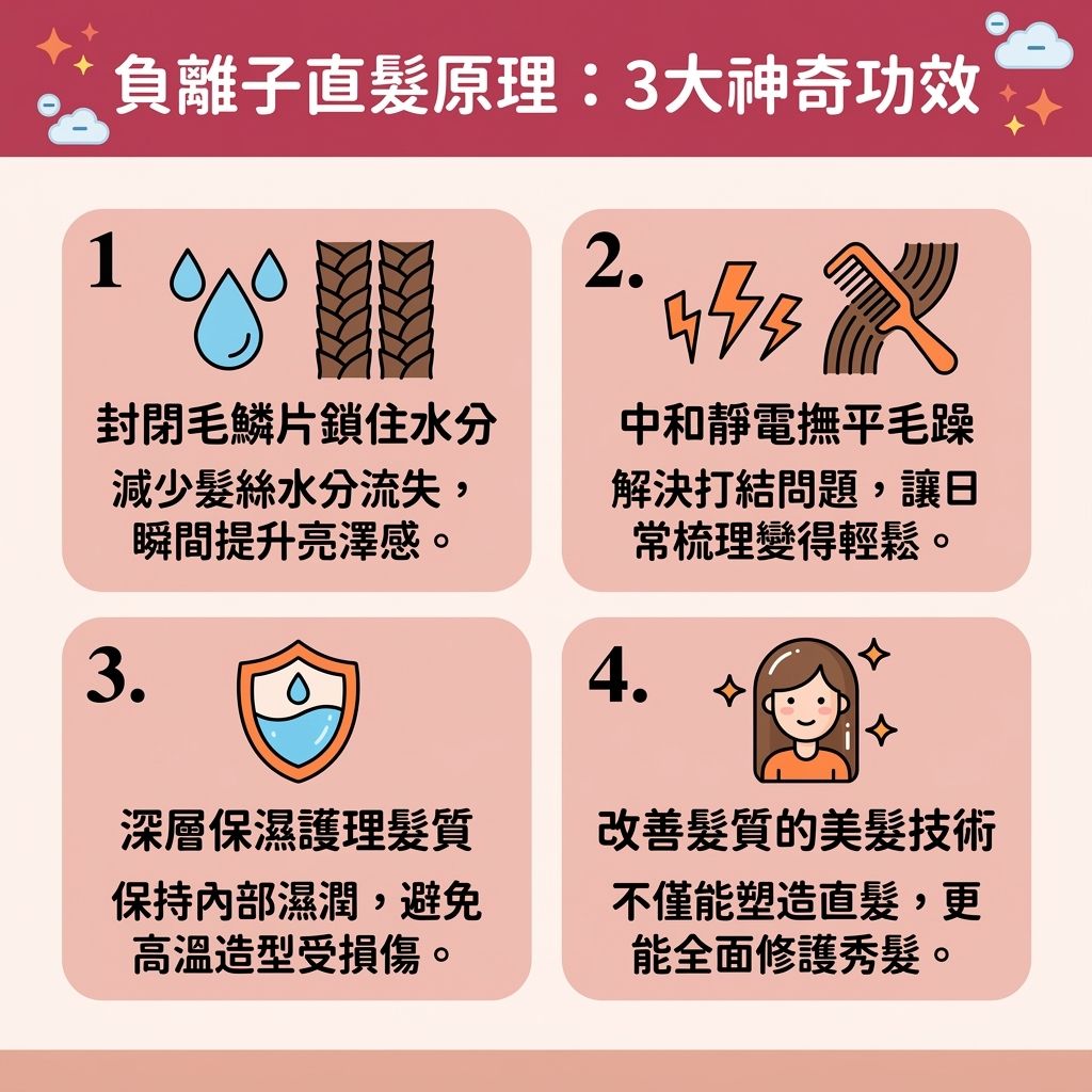 這是一張 1:1 扁平化醫美資訊圖表,介紹【專業離子燙技術】與【負離子】直髮原理。圖中顯示,【離子燙】過程中使用【夾板】與特定【溫度】的【陶瓷】面板,若配合不當的【藥水】,會破壞頭髮【結構】,導致【髮根】與【髮絲】流失【蛋白質】、【角蛋白】與【水分】。這可能引起【頭皮】的【皮脂腺】異常,甚至引發【脫髮】,因此需特別注意以【避免牽引性脫髮】。
透過釋放負離子,能【閉合毛鱗片】與【撫平毛鱗片】,全面保護脆弱的【毛鱗片】。這不僅能【減少熱力傷害】、【降低藥水刺激】,更能【修復受損髮質】、【鞏固頭髮結構】及【改善天生鬈髮】。日常配合溫和的【洗頭水】與【護髮素】進行【燙後頭髮護理】與【鎖水保濕護理】。
這些步驟能深層保護【毛囊】,【滋潤乾燥髮尾】(修護【髮尾】),並【舒緩頭皮敏感】與【改善髮質粗糙】。最終能【防止頭髮斷裂】、【減少頭髮打結】、【提升髮絲彈性】、【改善頭髮毛躁】。讓【直髮效果持久】,並大幅【增加頭髮光澤】!