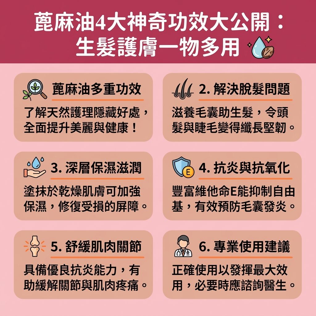 這是一張台灣健康部落格風格的 1:1 正方形資訊圖表，詳細解析了蓖麻油的四大功效。許多人關注蓖麻油生髮功效，探討其如何促進頭髮生長與解決脫髮問題。對於受頭髮稀疏、產後脫髮或雄性禿困擾的人士，了解蓖麻油正確用法是一種極佳的天然生髮方法。蓖麻油富含脂肪酸、蛋白質與維他命（特別是蓖麻油酸），能深入頭皮與髮根，有效刺激毛囊並滋潤頭皮，從而改善頭皮健康、補充所需營養及增加頭髮濃密度。它能改善頭皮血液循環（促進血液循環），幫助角蛋白合成，達到強化髮絲、減少斷髮與修護受損頭髮的效果，是網上熱門的護髮油推薦與生髮精華推薦首選。

除了生髮，蓖麻油具備強大的抗氧化劑與抗菌能力，能對抗真菌與抑制炎症，平衡皮脂腺與荷爾蒙分泌，有助於治療頭皮屑並預防掉髮及脫髮。然而，使用前應留意潛在的蓖麻油副作用。若有嚴重的頭皮疾病，建議直接諮詢皮膚科醫生。圖表亦提醒，在進行各類醫美保養如脫毛療程比較，或留意肌膚的激光反應時，維持皮膚的健康屏障同樣重要。