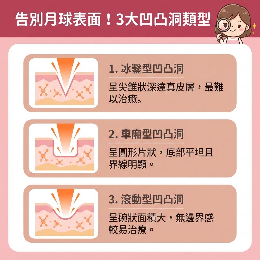 這是一張關於凹凸洞的扁平化醫學美容資訊圖表。圖表解析了暗瘡與痤瘡發炎後，若未能避免擠壓暗瘡，會嚴重破壞皮膚屏障與角質層。當修復深層創傷時，真皮層的纖維母細胞無法正常運作，導致膠原蛋白流失，進而留下難看的疤痕與暗瘡印，甚至導致黑色素沉澱與毛孔粗大。

圖表強調預防凹凸洞形成的重要性。若要治療暗瘡疤痕與撫平凹凸洞，單靠日常塗抹透明質酸或果酸並不足夠，必須透過專業醫學美容技術。建議諮詢皮膚科醫生，採用激光、微針或射頻等高階療程。

這些療程能刺激膠原增生並激活膠原蛋白，有效填補凹陷疤痕與撫平疤痕組織。同時，它能促進細胞更新、修復受損組織、重建皮膚屏障，進而提升肌膚彈性與改善粗糙膚質。除了收細粗大毛孔，還能淡化色素沉澱及改善膚色不均。圖表最後強烈推薦完美醫療的專業激光去印療程與皇牌暗瘡分手療程，助您徹底解決肌膚困擾，實現長效預防復發！