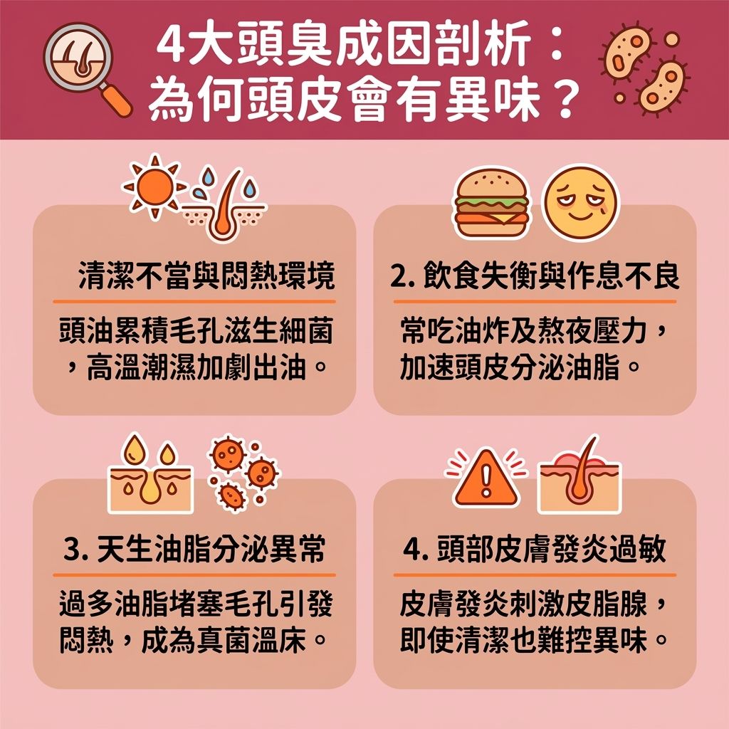 這是一張台灣健康部落格風格的 1:1 資訊圖表，詳細解說頭臭解決方法與改善頭皮異味的衛教知識。圖表指出，夏天頭皮流汗與高濕度會刺激汗腺與皮脂腺，導致油脂過度分泌。若面臨青春期頭皮味或因壓力導致的壓力型頭皮臭，甚至出現洗頭後頭臭，這通常是細菌與馬拉色菌在頭皮過度繁殖所致。

為預防頭皮出油與進行頭皮深層清潔，我們需要掌握正確洗頭步驟。建議選擇合適的去油洗頭水推薦或抑菌抗屑洗髮精（而非錯誤使用洗頭水與護髮素），定期使用頭皮去角質推薦產品清除老廢角質，以減少頭皮細菌滋生與頭皮屑。洗髮後必須用吹風機從髮根處徹底吹乾頭髮，並定期更換乾淨的枕頭套。

內在保養方面，飲食清淡改善體味能調節飲食影響，而調整作息改善出油能穩定荷爾蒙，避免荷爾蒙失調脫髮。針對發炎問題，需注意毛囊炎護理保養與脂漏性皮炎護理，以舒緩頭皮敏感，保護毛囊免受紫外線傷害，並促進血液循環，從根本解決異味煩惱。