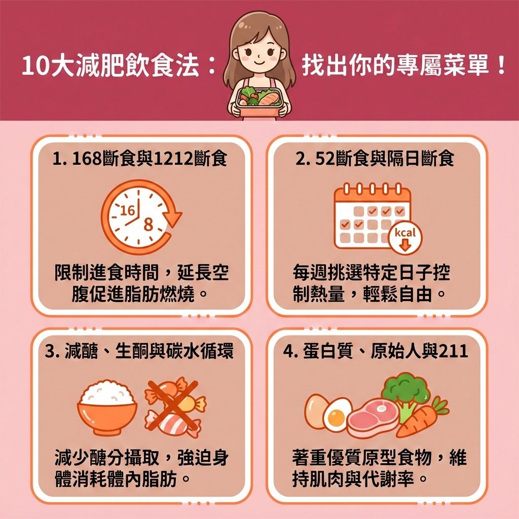 這是一張台灣健康部落格風格的資訊圖表，介紹10大熱門減肥飲食法。圖中可愛女孩正開心地看著由專業營養師為她制定專屬餐單。無論選擇哪種方法，核心都在於控制熱量攝取（精算卡路里）與建立均衡健康飲食。

透過斷食法（如168、1212）能穩定血糖水平（穩定血糖）並調整荷爾蒙，幫助燃燒體內脂肪與減少脂肪積聚。減醣與生酮飲食則大幅降低碳水化合物，迫使身體消耗內臟脂肪與皮下脂肪（總體脂肪）。而蛋白質與211餐盤強調攝取足夠的蛋白質與膳食纖維，不僅能提升基礎代謝與新陳代謝（提高基礎代謝率），更能預防肌肉流失並增加肌肉比例（維持肌肉量）。

日常建議配合帶氧運動（規律進行帶氧運動）並鍛鍊核心肌群來消耗多餘熱量。透過追蹤減重進度，監測體脂率與體重指數，能有效改善易胖體質並突破減肥停滯期。若想快速消除頑固脂肪與塑造緊緻線條，可考慮醫學美容的局部減脂療程。香港完美醫療提供專業的醫美定位修形，無論是無痛溶脂技術、溶脂針或抽脂手術，都能助您安全打造完美體態！
