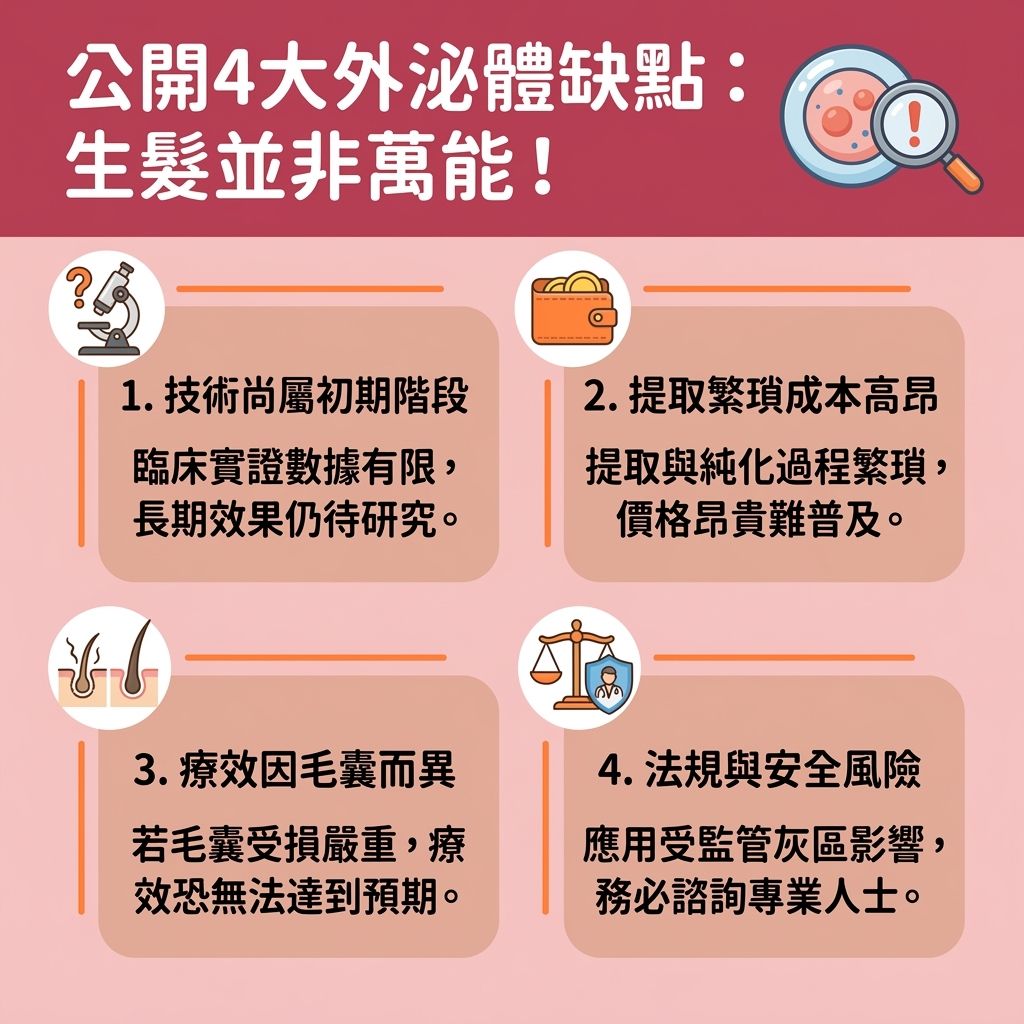 這是一張台灣健康部落格風格的 1:1 正方形資訊圖表，詳細分析了外泌體的四大缺點與限制。雖然許多人期待外泌體生髮效果，並將其與幹細胞生髮治療結合，透過微針技術進行微針外泌體導入，將富含生長因子、蛋白質與氨基酸的納米級物質送達頭皮深處組織。這種療程宣稱能刺激毛囊再生、喚醒休止期毛囊並活化頭皮細胞，從而解決頭髮稀疏、增加頭髮密度與預防髮線後移，甚至被視為有效的雄性禿脫髮治療（對抗雄性禿與異常脫髮）。

圖表進一步探討，儘管這類抗衰老生髮療程宣稱能促進頭皮修復、改善頭皮環境，並透過改變基因表現與提升細胞溝通來修復受損毛囊，期望能延長毛髮生長期、減少掉髮數量，甚至抑制頭皮發炎（對抗炎症）、促進血液循環與新陳代謝，幫助強化髮根健康及促進膠原蛋白增生（產生膠原蛋白）以保護細胞、幹細胞及毛囊。但圖表提醒大眾，此技術仍有成本與法規隱患，療效也並非百分之百，選擇前務必交由專業醫生評估。