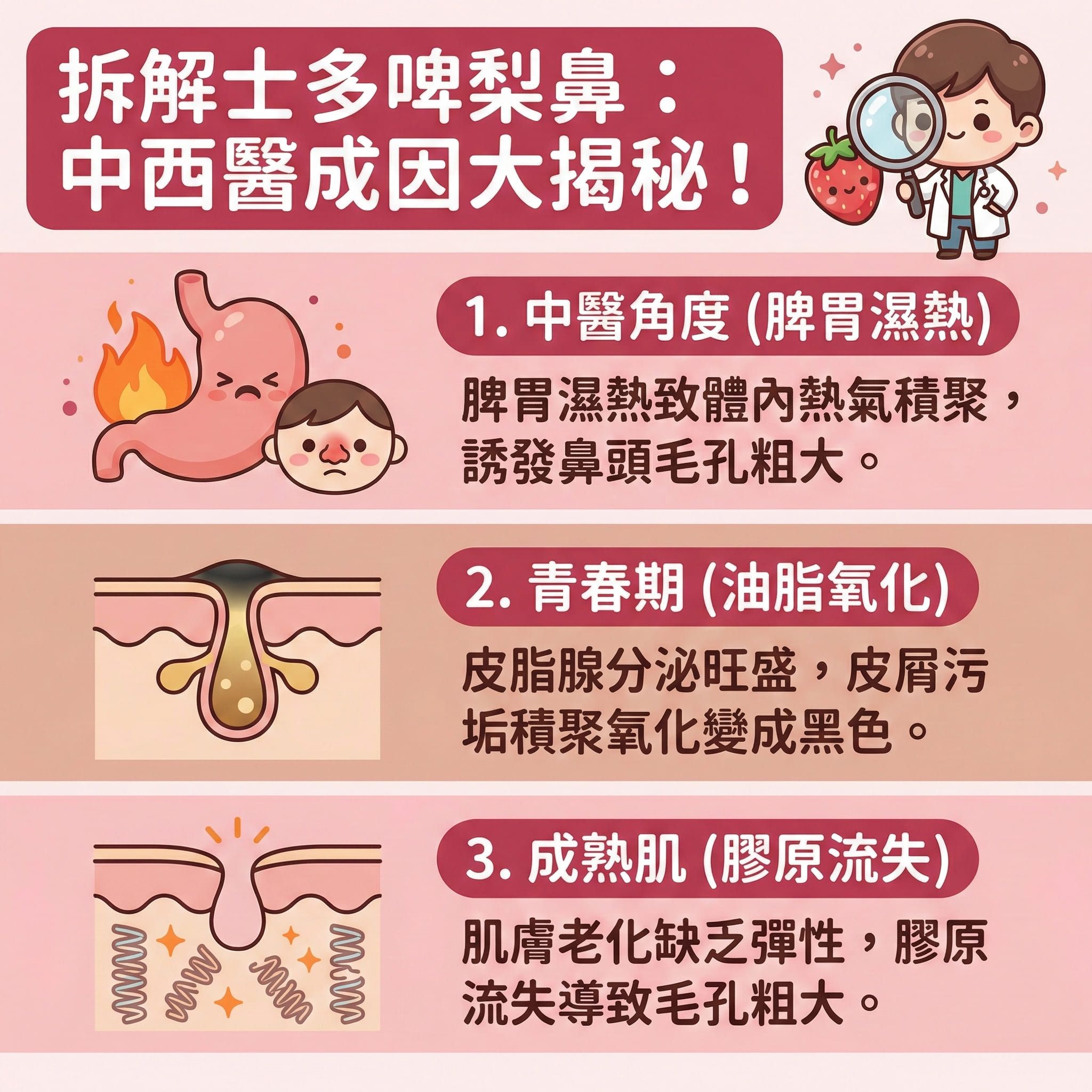 這是一張正方形扁平化向量醫美資訊圖表，背景採用粉嫩色調，深入分析「士多啤梨鼻」與黑頭的成因。圖中展示了鼻頭的皮膚結構，說明當荷爾蒙影響皮脂腺分泌過多油脂，混合角質層的死皮後，會導致毛孔堵塞，形成粉刺及暗瘡。這容易滋生痤瘡桿菌，但需與微絲血管擴張引起的酒糟鼻或玫瑰痤瘡區別。

圖表建議日常護理需徹底卸妝（可使用卸妝油）來清除污垢及進行深層清潔，並謹記避免擠壓。建議使用含果酸或水楊酸的產品來溫和去角質及軟化角質細胞，以去除老廢角質。這能有效導出黑頭與溶解黑頭，從而疏通毛孔、預防毛孔堵塞，並抑制油脂分泌以維持水油平衡。

針對肌膚老化問題，圖表強調需刺激膠原增生及促進新陳代謝，以收細毛孔並改善粗糙膚質。若出現發炎，應注重消炎殺菌及舒緩紅腫。為了達到最佳效果並預防復發，強烈建議選擇如完美醫療提供的暗瘡分手療程等專業護理方案。