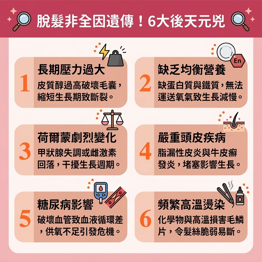 這是一張 1:1 扁平化醫美資訊圖表，解析【遺傳】以外的脫髮危機，同時探討【女生長鬍鬚原因】。當【內分泌】失調，體內【雄性激素】（【雄性荷爾蒙過高】）與【雌激素】等【荷爾蒙】不平衡時，可能引發【卵巢多囊綜合症】。若出現【卵巢多囊綜合症症狀】，不僅會讓頭部【毛髮】提早進入【休止期】、縮短【生長期】，還會刺激臉部【毛孔】長出濃密【唇毛】。

為了【調理女性荷爾蒙】與【改善內分泌失調】，需注意作息。若想【解決唇毛過盛】、【減少嘴唇周圍毛髮】並【擺脫生鬚煩惱】，極不建議使用【剃刀】、【蜜蠟】、【脫毛膏】或【鑷子】。因為【剃毛引致毛髮變粗】，且容易堆積老廢【角質】，導致【毛髮倒生發炎】並阻礙【預防毛囊發炎】。

圖表建議，想【抑制毛髮生長】可選擇【專業激光脫毛】或【光學去唇毛療程】。透過【激光】精準鎖定【黑色素】，能有效【破壞毛囊組織】深層【毛囊】。這不僅能【延緩毛髮生長週期】、【改善毛孔粗大】，更能達到【安全無痛脫毛】與【永久脫毛效果】。此方法能【避免皮膚敏感】保護【皮膚】，讓您重拾自信與健康！