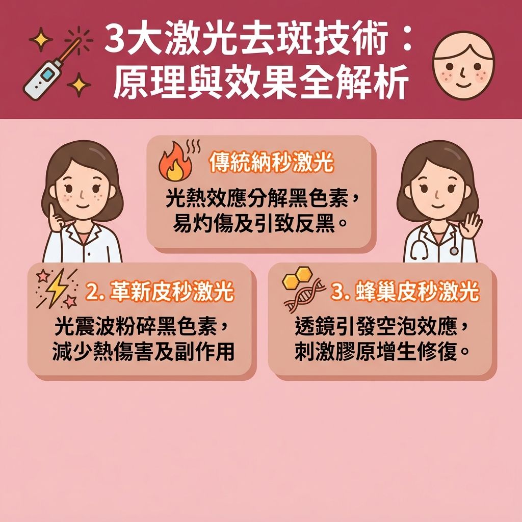這是一張台灣健康部落格風格的資訊圖表，深入分析不同的【激光】與【皮秒激光】打斑技術差異。當能量穿透【角質層】、【表皮層】直達深層【真皮層】時，能針對性破壞異常活躍的【黑色素細胞】，有效對付【太陽斑】、【雀斑】、【老人斑】、【汗斑】以及因內分泌引起的【荷爾蒙斑】（即【黃褐斑】）等各類【色斑】。

圖表指出，傳統技術容易產生【結痂】及【激光打斑副作用】，甚至出現難熬的【去斑反黑期】。而最新的皮秒技術則擁有極佳的【激光去斑效果】，能極速【擊碎深層黑色素】，不僅能快速【淡化色斑】、【解決色素沉澱】及【預防色素沉澱】，還能從根源【阻截黑色素形成】。透過特製透鏡產生的空泡效應更能【刺激膠原增生】，喚醒底層流失的【膠原蛋白】，幫助【修復受損肌膚】、【去除老廢角質】與【促進新陳代謝】（加速【新陳代謝】）。

為了達到【改善膚色不均】、【均勻膚色】、【提亮膚色】與【改善暗沉肌膚】的完美結果，並【防止肌膚老化】，療程後必須落實嚴格的【物理防曬方法】並勤塗【防曬霜】。日常建議配合富含【維他命】的【護膚品】來【抵抗自由基】。若你想尋找安全可靠的【去斑療程推薦】，認清技術差異是告別【黑色素】的第一步。