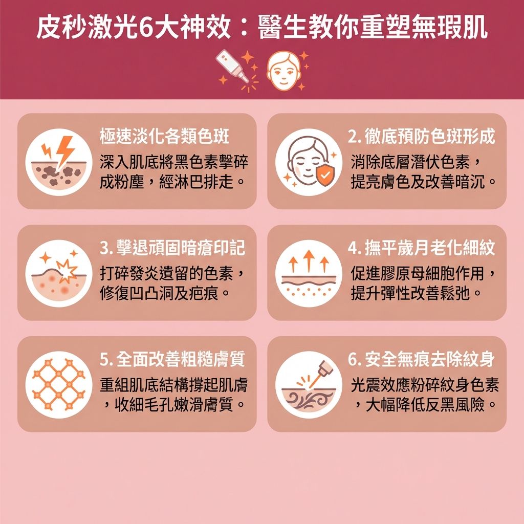 這是一張台灣健康部落格風格的1:1正方形扁平化資訊圖表，由皮膚科醫生詳細解說【皮秒激光】的6大功效。對於【色斑】問題，傳統【激光】或日常【護膚品】與【防曬】往往不夠，而這項【無痛去斑技術】能深入【角質層】、【表皮層】甚至【真皮層】。透過【皮秒激光去斑】與【擊碎深層黑色素】，它能有效【淡化色斑】與【美白去斑】，解決如【雀斑】、【太陽斑】、【老人斑】及【荷爾蒙斑】等問題。同時，它能及早【阻截黑色素形成】，【解決色素沉澱】並【改善膚色不均】。

除了去斑，皮秒激光能【刺激膠原增生】（喚醒底層的【膠原蛋白】），從而【提升肌膚彈性】、【減少臉部細紋】並【收細毛孔】。它還能加速【細胞】的【新陳代謝】（即【促進新陳代謝】），有效【去除暗瘡印】、【撫平凹凸洞】及【修復受損肌膚】。

此外，相比傳統儀器，它的光震波能粉碎紋身色素而減少熱傷害，有效降低【皮秒激光副作用】及【降低反黑風險】。若想尋找專業的【去斑療程推薦】並了解【激光去斑價錢】，建議前往專業【診所】諮詢此項【療程】。
