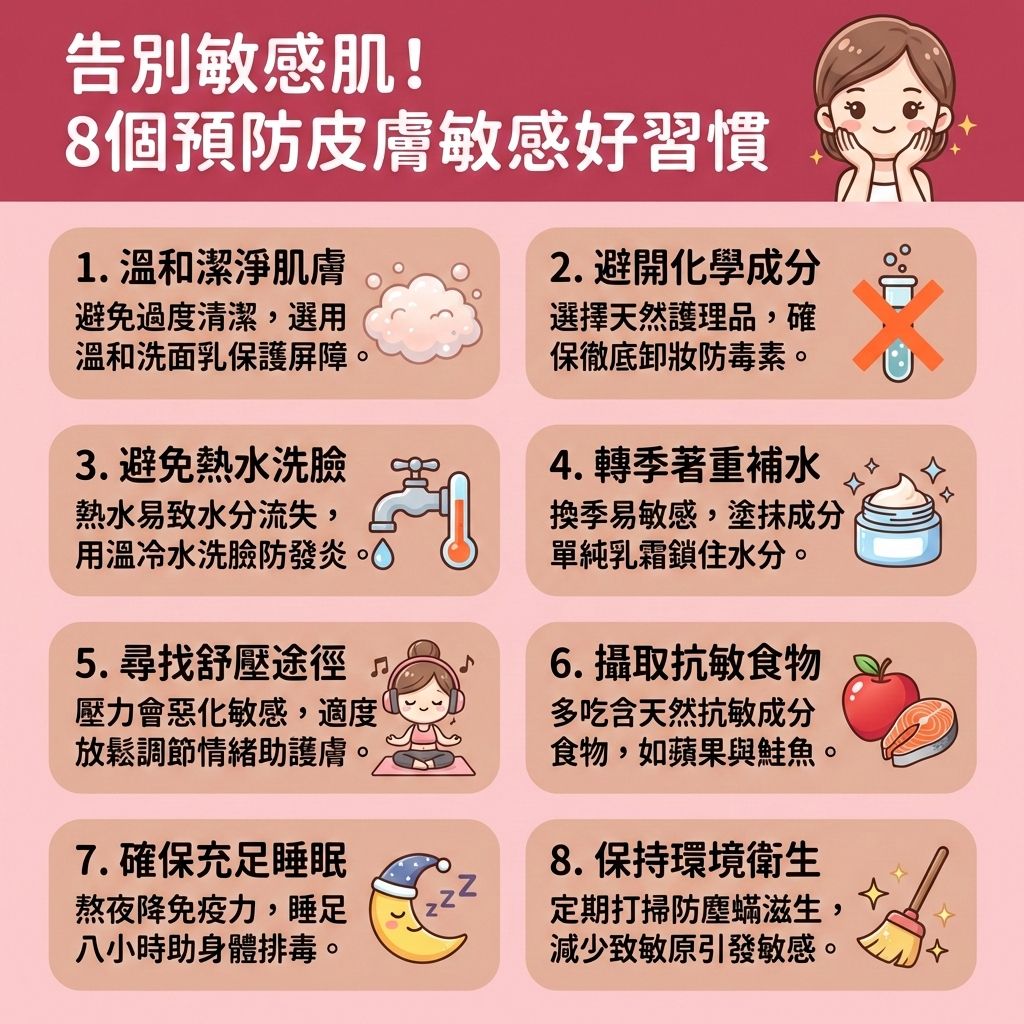 這是一張台灣健康部落格風格的資訊圖表,教導大家預防敏感肌。圖表指出,免疫系統下降與接觸過敏原容易引發泛紅,甚至誘發濕疹或玫瑰痤瘡。為建立健康屏障並保護皮膚屏障與皮脂膜,日常應避免過度清潔,可適度溫和去角質,並使用溫和不刺激的潔面乳,以減少發炎反應與舒緩紅腫發炎。
挑選護膚品時,建議挑選單純成分,如含有神經酰胺、積雪草或透明質酸的產品,能做到深層保濕鎖水、保持水油平衡與預防水分流失,有效舒緩乾燥痕癢及鎮靜敏感肌膚。
外出時必須做好防曬措施,塗抹防曬用品抵禦紫外線;同時要遠離刺激物質,以護理脆弱的角質層。若想提升皮膚彈性、改善粗糙膚質或修復受損屏障以強化皮膚抵抗力,建議尋求皮膚科醫生協助。圖表最後推薦醫學美容首選——完美醫療的專業暗瘡分手療程,助您從根源調理,減低復發機會,實現長效預防復發!