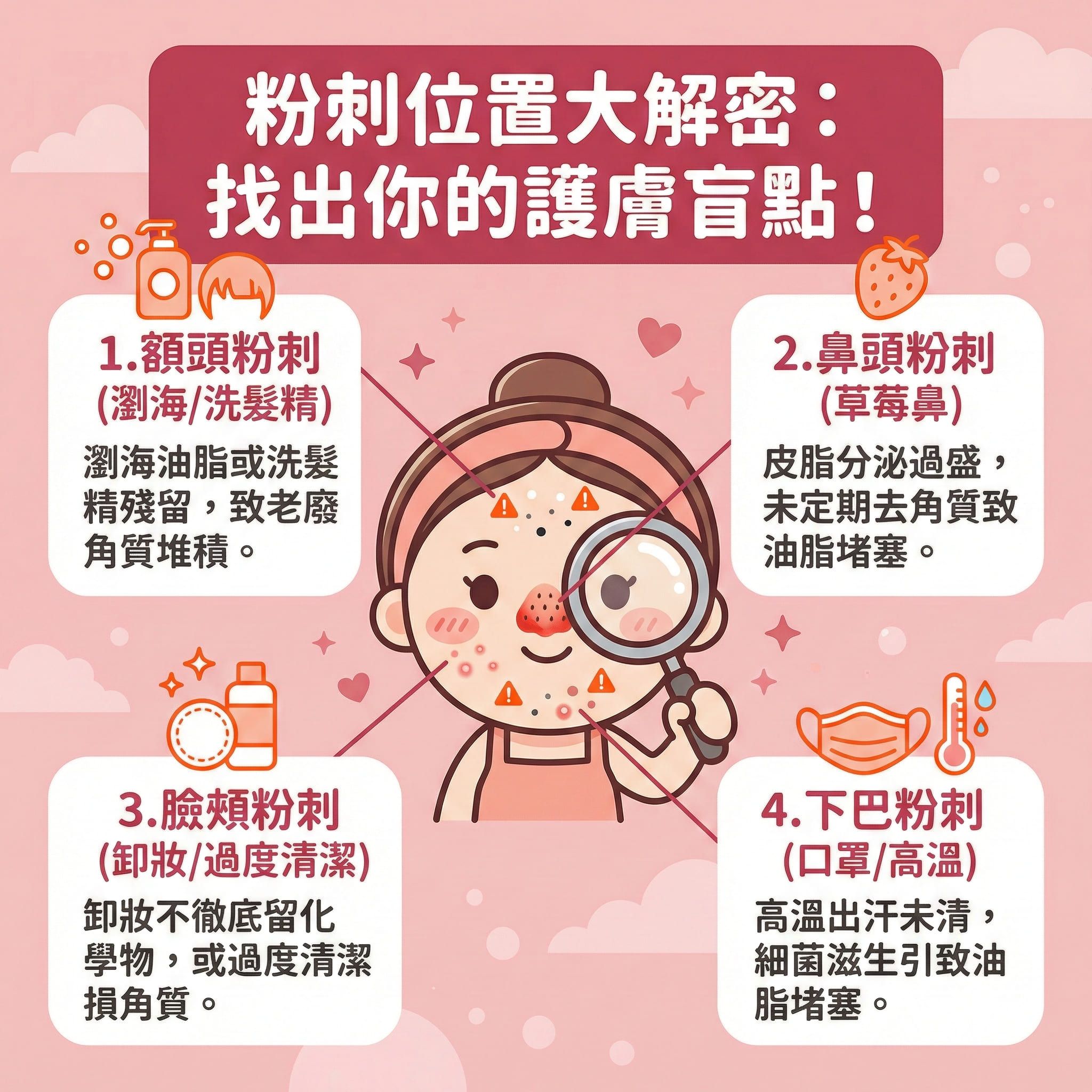 這是一張正方形的扁平化向量醫美資訊圖表，採用粉嫩配色（#F4C2C2, #E5B1A1）與亮橙色（#FF8C42）點綴，主題為不同面部位置的粉刺（包括白頭與黑頭）成因解析。

圖表中央有一個可愛的女孩臉龐，標示出四個易長粉刺的區域。首先，額頭因頭髮油脂或洗髮產品殘留，若不去除老廢角質，會導致死皮堆積在角質層。鼻頭因皮脂腺發達，容易出現毛孔堵塞，需導出黑頭與溶解黑頭，並進行深層清潔。下巴則因口罩悶熱滋生痤瘡桿菌，破壞了水油平衡；而臉頰通常因卸妝不淨或過度摩擦傷及真皮層，若忽視可能惡化成暗瘡甚至石頭瘡。

圖表建議日常護理應清除污垢以疏通毛孔，並避免擠壓來預防發炎。可選用含果酸、水楊酸、杏仁酸或杜鵑花酸的產品來溫和去角質及軟化角質細胞，有助抑制油脂分泌、促進新陳代謝和收細毛孔。發炎時可使用蘆薈或暗瘡貼，達到消炎殺菌與舒緩紅腫的效果。若想改善粗糙膚質、刺激膠原增生、淡化暗瘡印及預防復發，強烈推薦尋求完美醫療的暗瘡分手療程等專業協助。