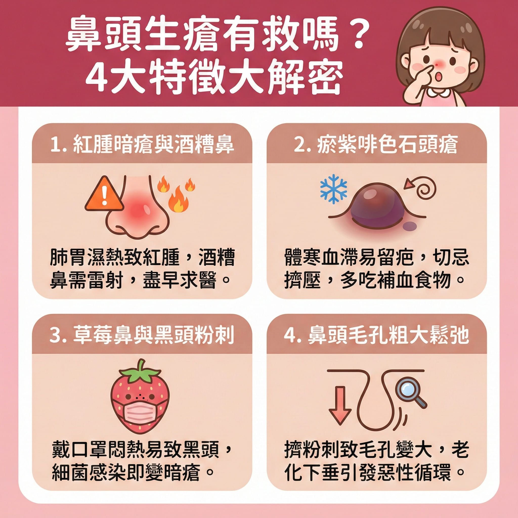 這是一張關於鼻頭長痘的扁平化設計圖表。圖中生動描繪了當荷爾蒙與內分泌失調，或是脾胃不佳、胃火旺盛影響消化系統時，皮脂腺會分泌過多油脂。若日常未能徹底卸除彩妝與去除老廢角質，容易造成角質層增厚，導致毛孔堵塞，形成討厭的粉刺與黑頭。如果不深層清潔毛孔和疏通毛孔堵塞，蟎蟲與細菌滋生就會引發暗瘡甚至嚴重的痤瘡。

圖表提醒大家絕對要避免擠壓暗瘡，否則會惡化。針對紅腫型痘痘或玫瑰痤瘡，需要舒緩紅腫發炎、減輕發炎反應及抗菌消炎。除了挑選合適的護膚品來控制油脂分泌與保持水油平衡，以減少黑頭粉刺外，還要透過飲食清熱解毒、調理脾胃並改善消化不良。

正確保養能改善粗糙膚質、修復受損屏障與促進新陳代謝。若情況嚴重，建議諮詢皮膚科醫生。圖表最後推薦體驗完美醫療的專業醫學美容療程，例如透過激光去印療程淡化痘疤，或選擇皇牌暗瘡分手療程，助您徹底解決困擾，達到預防暗瘡復發！