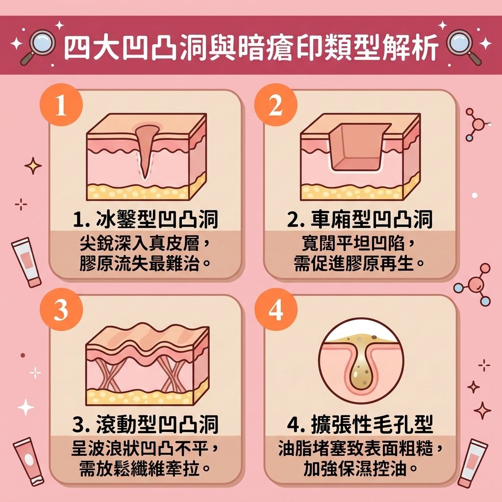 這是一張 1:1 正方形的扁平化向量資訊圖表插畫，介紹 4 大凹凸洞與暗瘡印類型。當皮脂腺分泌旺盛，若解決毛孔堵塞不當會引發暗瘡。若發炎傷及真皮層，會導致膠原蛋白與彈性纖維大量流失，形成難以凹凸洞自然修復的暗瘡疤痕。圖表呈現了冰鑿型、車廂型與滾動型凹洞，這些會影響表面角質層並牽拉底層纖維組織，造成皮膚凹凸不平。另有擴張性毛孔型，會讓膚質顯得粗糙。

在漫長的暗瘡疤痕修復期中，我們需要專業且有效的凹凸洞治療方法。日常保養可使用果酸或水楊酸來溫和去除角質，加速新陳代謝並促進細胞更新。配合透明質酸能深層保濕，改善皮膚粗糙。若期望重塑平滑美肌與徹底修復受損肌膚，許多人會尋求醫學美容的醫美去印推介。

針對嚴重的凹陷，專業的微針去印推薦採用黃金微針與射頻技術，進行深層組織修復以刺激膠原增生，進而有效填補肌膚凹陷並提升肌膚彈性。此外，激光去疤療程如皮秒激光搭配蜂巢透鏡，不僅能皮秒打散黑色素，幫助淡化色素沉澱與掃除底層黑色素，還能撫平面部疤痕並收細粗大毛孔，為您打造完美無瑕的健康肌膚。
