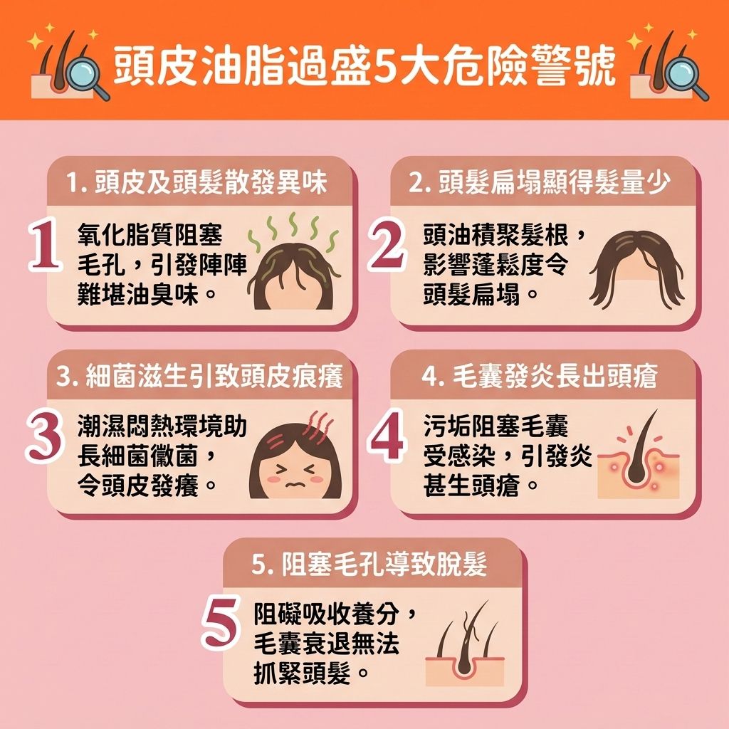 這是一張 1:1 正方形的可愛扁平化插畫，呈現台灣健康醫美風格。圖中解說【頭皮】出油的五大症狀。當【壓力】或【荷爾蒙】失調轉化為【雙氫睪酮】，會過度刺激【皮脂腺】，令【油脂】及【頭油】激增。加上【汗腺】分泌，若不【深層清潔頭皮】與【溫和清潔頭皮】，會造成【毛囊堵塞發炎】。

這不僅破壞【角質層】與【毛鱗片】，流失【水分】與【蛋白質】，更會造成【頭皮痕癢紅腫】、生【頭瘡】，最終引發【雄性禿】及【脫髮】，讓毛髮提早結束【生長期】。要【解決頭皮出油】與【控制油脂分泌】，必須【選擇控油產品】，如合適的【洗頭水】及【護髮素】。

日常我們需【調整飲食習慣】來【保持水油平衡】，做好【日常頭皮護理】以【改善頭皮環境】。適當按摩能【促進頭皮血液循環】（維持良好的【血液循環】），這亦是關鍵的【預防脫髮方法】。這能有效【減少頭皮屑】、【舒緩頭皮敏感】與【預防頭瘡形成】。只要保護好【毛囊】，便能【刺激毛囊再生】、【延長生長週期】，進而【增加頭髮蓬鬆度】與【改善頭髮扁塌】，重拾自信亮麗！