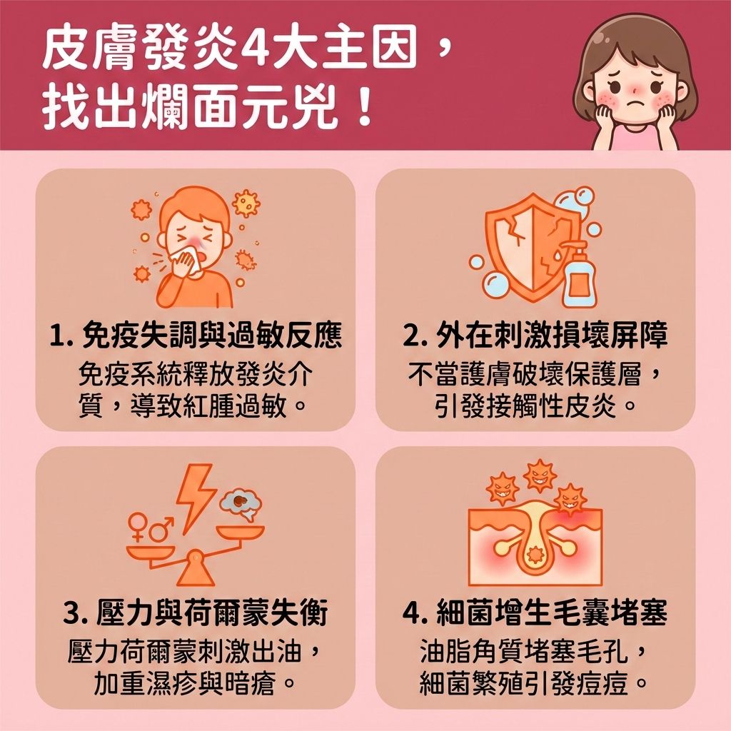 這是一張台灣健康部落格風格的正方形醫美資訊圖表，詳細解說發炎成因。圖中女孩正為敏感肌、濕疹與玫瑰痤瘡煩惱。當免疫系統失調接觸致敏原，釋放組織胺，會引發紅腫。此時應遠離致敏原，並透過冰敷來舒緩紅腫發炎與舒緩敏感泛紅。

若皮脂腺異常分泌，混合過厚的角質層，會引發暗瘡。日常應溫和潔淨肌膚，避免過度清潔與使用含避免刺激成分的護膚品，以調節水油平衡、修復受損屏障並增強皮膚屏障（保護皮膚屏障），從而降低發炎反應與改善乾燥脫皮。針對發炎，可選用含積雪草的產品來褪紅消炎鎮靜。

千萬要避免過度抓撓以減輕痕癢不適，並可遵照皮膚科醫生指示使用消炎藥膏或抗生素（避免濫用類固醇），以抑制細菌滋生、促進傷口癒合及預防暗瘡形成。若情況嚴重，建議尋求專業醫學美容協助。圖表下方特別推薦香港完美醫療的舒緩保濕療程、激光褪紅療程與皇牌「暗瘡分手療程」，助您重獲健康無瑕肌！