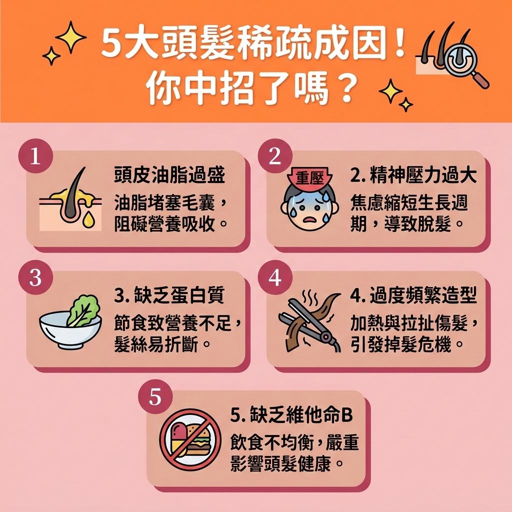 這是一張 1:1 正方形的可愛扁平化向量資訊圖表,採用台灣健康部落格風格,詳解【頭髮稀疏】的成因與解方。當【皮脂腺】異常,必須【抑制油脂分泌】,以【解決毛孔堵塞】。否則會破壞【角質層】,引發【馬拉色菌】滋生,導致【頭皮屑】與【頭瘡】。透過【頭皮深層清潔】與【溫和清潔頭皮】等【日常頭皮護理】,能有效【減少頭皮屑】、【解決頭皮痕癢】並【舒緩頭皮紅腫】,進而落實【預防脫髮方法】並避免【毛囊炎】。
面對【壓力】或【荷爾蒙】失調,加上轉化為【雙氫睪酮】引發的【雄性禿】與【脫髮】危機,我們需要積極【改善頭皮環境】。多攝取【蛋白質】與【氨基酸】,有助【補充頭髮營養】,保護【黑色素】並【延緩頭髮老化】。維持良好的【頭皮】與【血液循環】,能幫助【強健脆弱髮根】。
若想【改善頭髮稀疏】並【增加頭髮密度】,除了使用含【米諾地爾】的【生髮水】,也可尋求【專業生髮療程】來【激活休眠毛囊】、【刺激毛囊再生】。這些對策有助【延長生長週期】與【促進頭髮生長】。若【毛囊】已嚴重受損,則建議考慮【植髮】手術來徹底拯救危機,重拾自信!