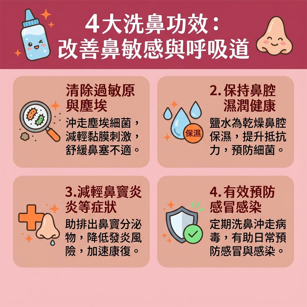 這是一張台灣健康部落格風格的 1:1 正方形扁平化資訊圖表，詳細解說四大【解決鼻塞方法】與洗鼻功效。對於深受【鼻敏感】、【鼻竇炎】或長有【鼻息肉】的患者，正確的【鼻腔沖洗療程】是極佳的日常保養。圖表教導大眾如何挑選【洗鼻器推薦】款式（或使用【針筒】），搭配【溫水】調配出正確的【洗鼻鹽水比例】，製成【生理鹽水】。

掌握【洗鼻正確姿勢】能有效【清潔鼻腔分泌物】，將深藏在【鼻腔】與【鼻竇】內的【致敏原】、【細菌】與【灰塵】通通洗淨。這不僅能【沖洗致敏原】與多餘的【鼻水】，更能【保持鼻腔濕潤】、【促進鼻黏膜修復】，從而【減輕鼻炎不適】並【緩解鼻竇炎】。保護好脆弱的【鼻黏膜】，有助於【預防上呼吸道感染】。家長若需協助幼童，也可參考安全的【兒童洗鼻方法】並留意潛在的【洗鼻副作用】。

此外，徹底清理鼻腔能有效【舒緩鼻敏感症狀】與【鼻塞】，幫助患者【改善用口呼吸】。當整個【呼吸道】暢通，便能【改善呼吸道阻塞】，這也是一個極佳的【解決打鼻鼾】途徑。使用【洗鼻器】減少因鼻塞引發的【鼻鼾】，不僅能【降低鼻鼾頻率】，更能大幅【改善睡眠質素】（提升整體【睡眠質素】）。若症狀持續，建議盡早前往專業【診所】尋求【醫生】協助。