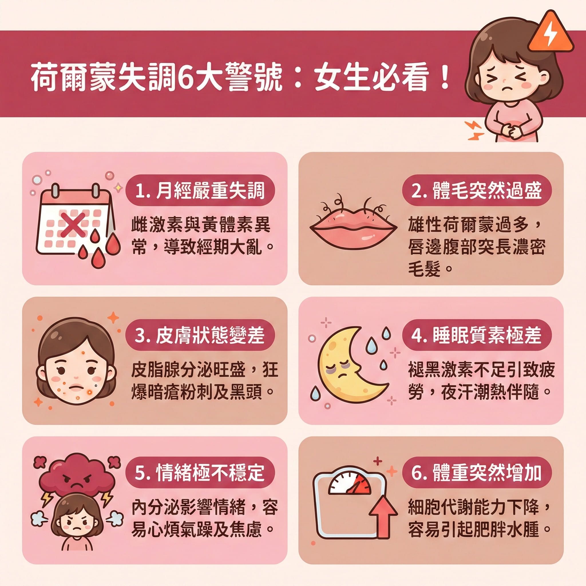 這是一張正方形的扁平化醫美資訊圖表，主題為解析荷爾蒙失調對女性身體與肌膚的影響。圖表剖析了內分泌系統的運作，指出當雌激素、黃體素與雄性荷爾蒙失去平衡時，加上日常壓力與睡眠不足，會嚴重影響卵巢功能及經期。女性需及早調理內分泌及改善月經不調，藉由調節生理時鐘來提升免疫力。

在肌膚方面，失衡會過度刺激皮脂腺，導致油脂分泌暴增，破壞水油平衡；加上角質層增厚，極易引發毛孔堵塞。這情況常見於下巴等部位，誘發暗瘡、粉刺與黑頭。因此日常需透過深層清潔來疏通毛孔、減少皮脂分泌及預防毛孔堵塞。

圖表建議從生活作息著手，透過改善睡眠質素、舒緩生活壓力與促進血液循環來維持健康。若面臨嚴重的肌膚困擾，為有效抑制油脂分泌、促進新陳代謝（提升新陳代謝能力）、改善粗糙膚質及減輕發炎紅腫，強烈建議尋求完美醫療的暗瘡分手療程。此療程溫和無痛，能深入肌底淡化暗瘡印、刺激膠原增生，長遠達到預防復發的效果。