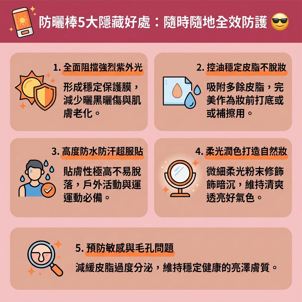 這是一張台灣健康部落格風格的 1:1 正方形扁平化資訊圖表，主題為優質的【防曬棒推薦】。為了做好【日常防曬】並有效【阻隔紫外線】，我們不僅可以使用【防曬霜】或【防曬噴霧】，【防曬棒】更是【隨身攜帶防曬】的最佳選擇。它能為你提供【清爽不黏膩】且【輕薄透氣】的體驗，即使【補妝防曬】也【不阻塞毛孔】。

許多防曬棒含有【物理防曬成分】（如【氧化鋅】與【二氧化鈦】），兼具【物理防曬】與【化學防曬】的優點，是極佳的【護膚品】與【化妝品】結合。這種極佳的【敏感肌防曬】產品能保護【表皮層】、【真皮層】與【角質層】，防止【紫外線】破壞肌底的【膠原蛋白】，進而【防止肌膚老化】與【抵禦光老化】。

掌握正確的【補防曬方法】能全面【提升防曬力】，有效【預防黑色素沉澱】與【預防色斑形成】。這有助於避免【黑色素】堆積形成【色斑】、【雀斑】或【太陽斑】。同時，它還能【提亮膚色】、【改善膚色不均】及【改善色素沉澱】。若想更快速【擊碎深層黑色素】，建議前往專業【診所】尋求合適的醫美【療程】。