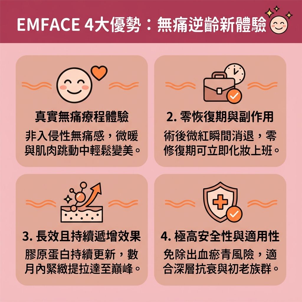 這是一張台灣健康部落格風格的 1:1 正方形扁平化資訊圖表,介紹瘦面療程推薦中的熱門儀器。它結合了高頻射頻技術(射頻)與高強度面部電刺激(電磁波),帶來極佳的醫美抗衰老與拉提緊緻效果。
這項非入侵性療程(無創拉提技術)透過特殊的探頭貼合皮膚,能深層提拉筋膜層,作用於真皮層與筋膜層,從根本改善面部鬆弛並延緩肌膚老化。它能精準進行面部肌肉鍛鍊,鍛鍊面部深層肌肉,幫助改善咀嚼肌肥大,同時減少脂肪囤積,完美消除雙下巴。
療程能有效刺激膠原增生,促使膠原蛋白與彈力蛋白再生,幫助恢復皮膚彈性。這不僅能撫平動態皺紋、解決面部的各類皺紋,還能減淡法令紋。由專業診所的合資格醫生操作此療程,能顯著提升蘋果肌(讓蘋果肌更為飽滿)、緊緻下頜線條,讓下頜線與整體輪廓更精緻立體,最終達到完美的提升面部輪廓效果。