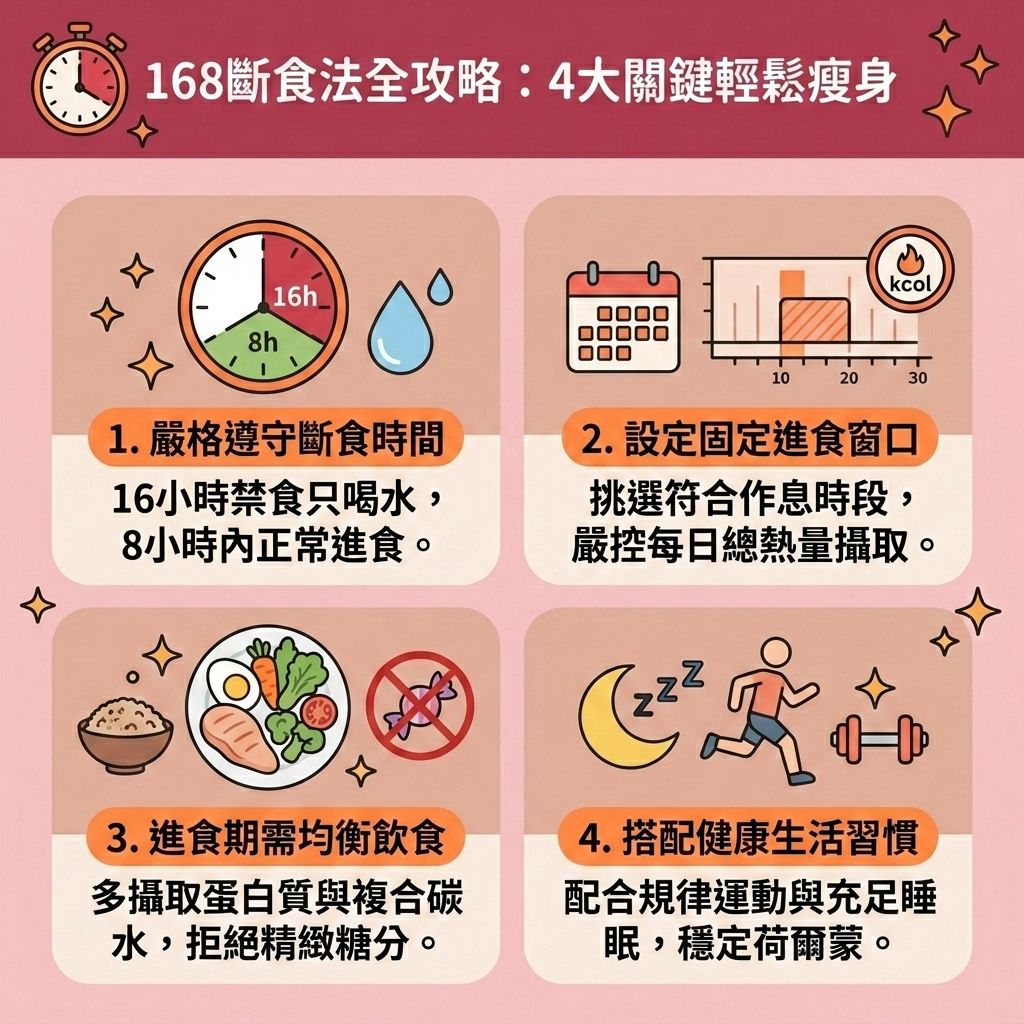 這是一張採用台灣健康部落格風格的 1:1 正方形扁平化向量資訊圖表，排版分為四個帶有可愛圖示的圓角矩形區塊，背景為淺粉紅，介紹「168斷食法全攻略」。
圖表詳細說明執行168斷食與間歇性斷食的四大步驟。首先要設定正確的進食窗口與斷食期間，期間只喝水以控制熱量攝取，創造熱量赤字。這能有效穩定血糖與胰島素，避免168斷食無效原因。進食時應調節飲食結構，採取減脂增肌飲食，多補充蛋白質與膳食纖維，減少精緻碳水化合物，有助於促進腸胃蠕動、排毒清腸宿便並改善水腫問題。
良好的斷食習慣能調節內分泌與荷爾蒙，提升基礎代謝率及整體新陳代謝。配合運動能增加肌肉量，縮小脂肪細胞，延長燃脂時間，是極佳的減大肚腩方法。不僅能燃燒深層脂肪、消除腹部贅肉、改善中央肥胖、減少內臟脂肪，更能降低體脂比例與體脂率，預防脂肪積聚，助你突破減肥停滯期，打造易瘦體質。圖表也提醒要改善睡眠質素。若想更快速雕塑體態，可結合醫學美容的局部減脂療程與無創減脂技術，透過專業醫美定位修形，安全重塑完美體態！