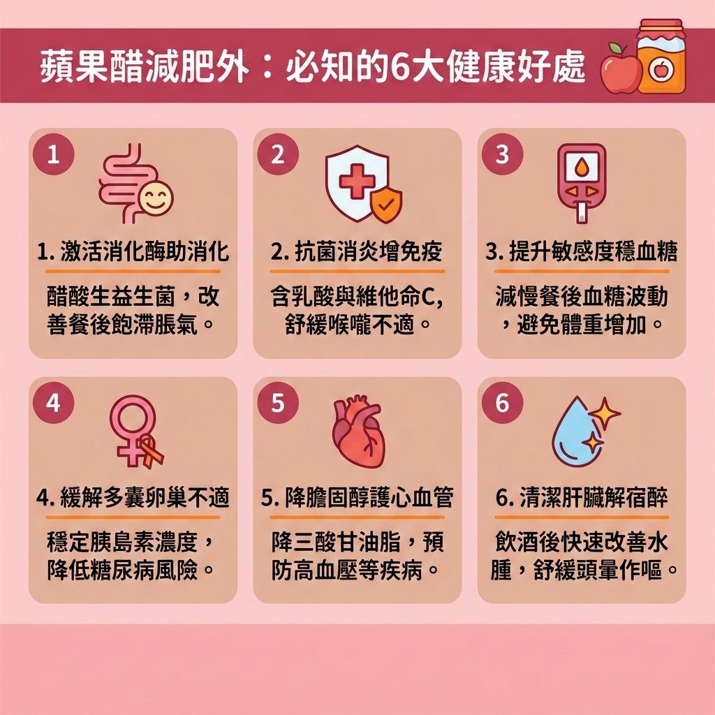 這是一張採用台灣健康部落格風格的 1:1 正方形扁平化向量資訊圖表插畫，背景採用可愛的珊瑚橘色（#FF8C42）。圖表詳細解析了「蘋果醋減肥外：必知的6大健康好處」，內容分為六個帶有可愛圖示的圓角區塊。

透過蘋果醋減肥法，其豐富的醋酸、果膠、益生菌與酵素能有效維持消化道健康與胃酸平衡，不僅能促進腸胃蠕動，還能幫助排毒清腸宿便。飯前飲用可抑制食慾，帶來飽足感並延長飽足時間，輕鬆控制熱量攝取，減少整體卡路里與熱量。

此外，蘋果醋能穩定飯後血糖，調節胰島素與血糖水平，同時降低膽固醇與改善水腫問題。這有助於提升基礎代謝與整體的基礎代謝率，加速新陳代謝，有效分解脂肪並燃燒深層脂肪，進而預防脂肪積聚。對於追求體態的人而言，這是不錯的輔助減大肚腩方法，能幫助改善中央肥胖、消除腹部贅肉，陪您突破減肥停滯期，降低體脂比例與體脂率，快速瘦小腹並打造易瘦體質。若想進一步塑造緊緻線條，可結合醫學美容的無創減脂技術、局部減脂療程與專業溶脂技術，達成最理想的完美身型。