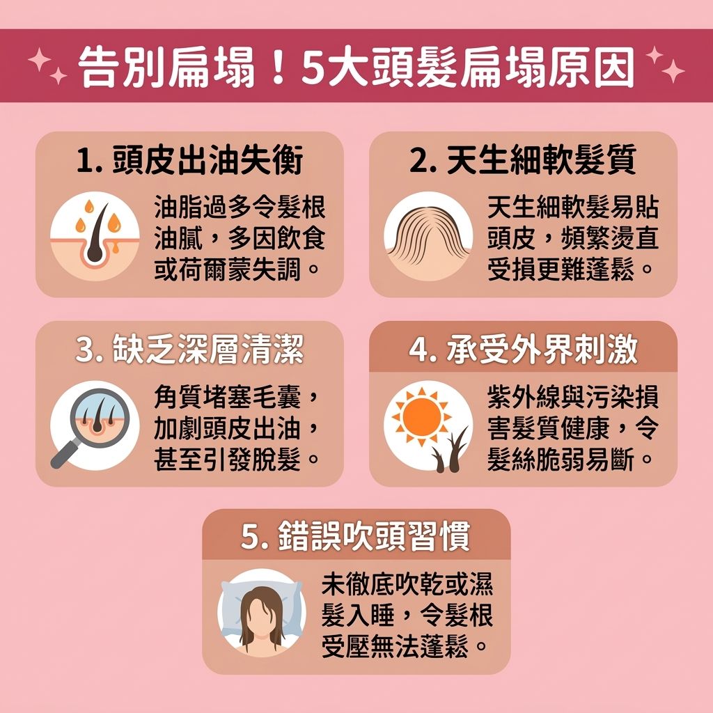 這是一張1:1正方形扁平化資訊圖表,教導如何【解決頭髮扁塌】與【增加頭髮蓬鬆度】。若【荷爾蒙】失調,會刺激【皮脂腺】分泌過多【油脂】,導致【髮根】油膩。缺乏【深層清潔頭皮】會令【角質層】變厚,引發【毛囊】堵塞與異常【脫髮】。
為【控制頭皮出油】與【控制油脂分泌】,必須做好【日常頭皮護理】。挑選合適的【洗頭水】(如【防脫髮洗頭水】)來【溫和清潔頭皮】,配合【正確洗頭方法】及洗後【吹乾頭皮防菌】。使用【風筒】時注意溫度,並定期使用【護髮素】以保留【水分】、【蛋白質】與【氨基酸】。這能【撫平毛鱗片】、【修復受損髮絲】及保護【毛鱗片】,同時【減少頭髮毛躁】。
日常可避免過度使用【染髮劑】,並使用【梳子】梳理以減少【靜電】。這有助於【改善頭皮環境】、【解決頭皮痕癢】並維持良好【頭皮】健康,進而【促進頭皮血液循環】。若情況嚴重,可考慮【激光】等療程來【強健脆弱髮根】、【滋養脆弱髮絲】與【改善頭髮稀疏】,最終達到【增加頭髮密度】的效果,